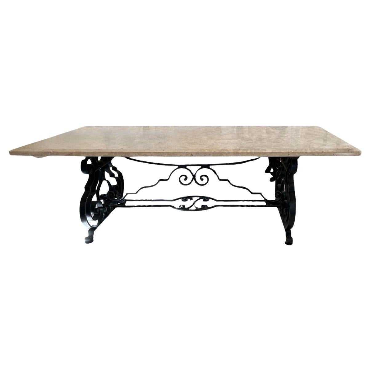 Large Mid-Century Forged Iron & Marble Dining Table