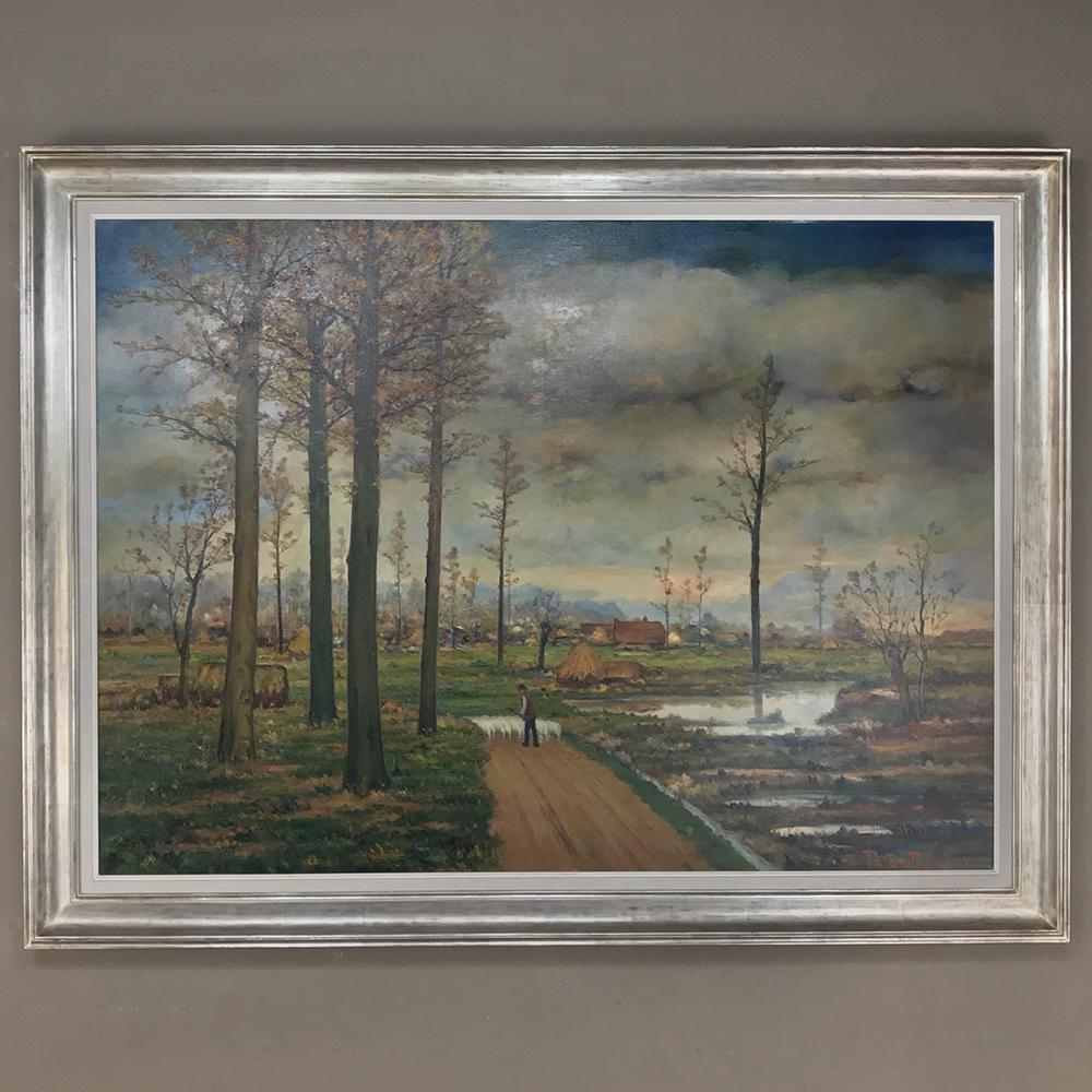Hand-Painted Large Midcentury Framed Oil Painting on Canvas by Fr. De Roover