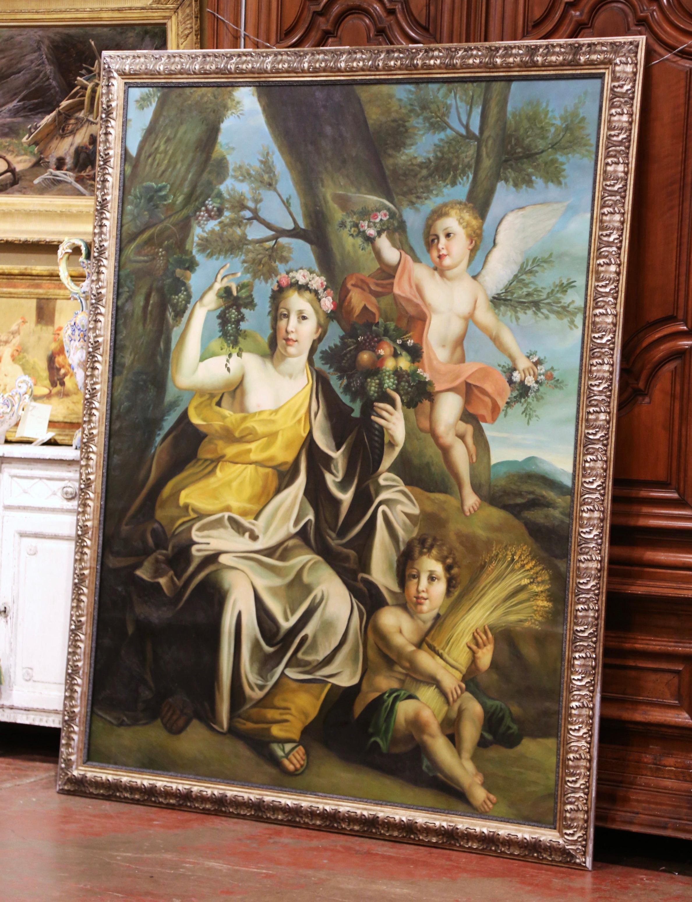 Painted in France circa 1960, and set in a carved silvered and black frame, the important mythological painting on canvas depicts an allegoric outdoor scene featuring a Roman or Greek goddess holding grapes with cherubs on her side holding wheat and