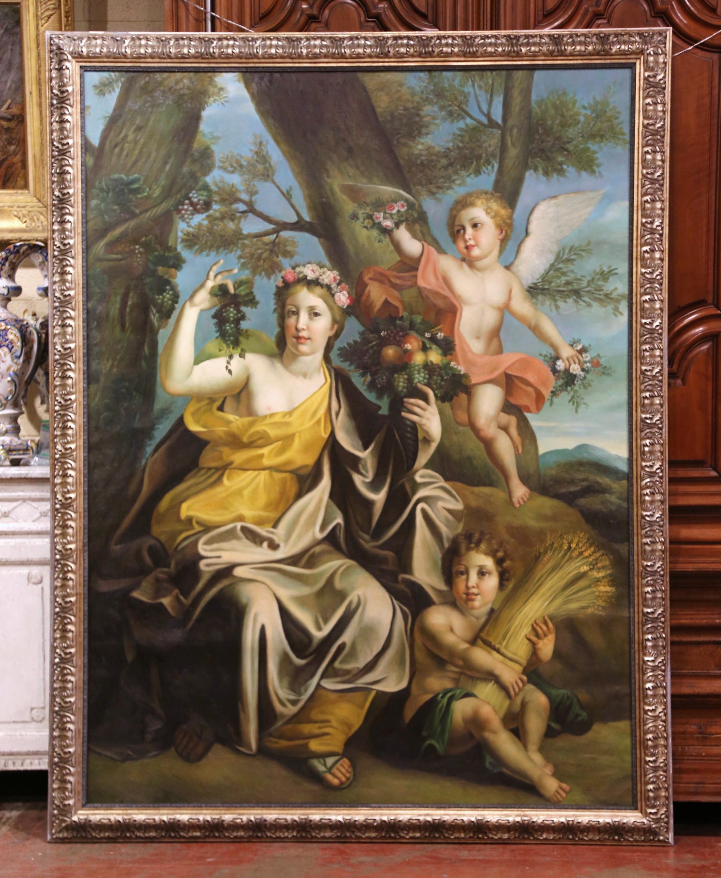 Large Mid-Century French Allegory Oil on Canvas Painting in Carved Frame In Excellent Condition For Sale In Dallas, TX