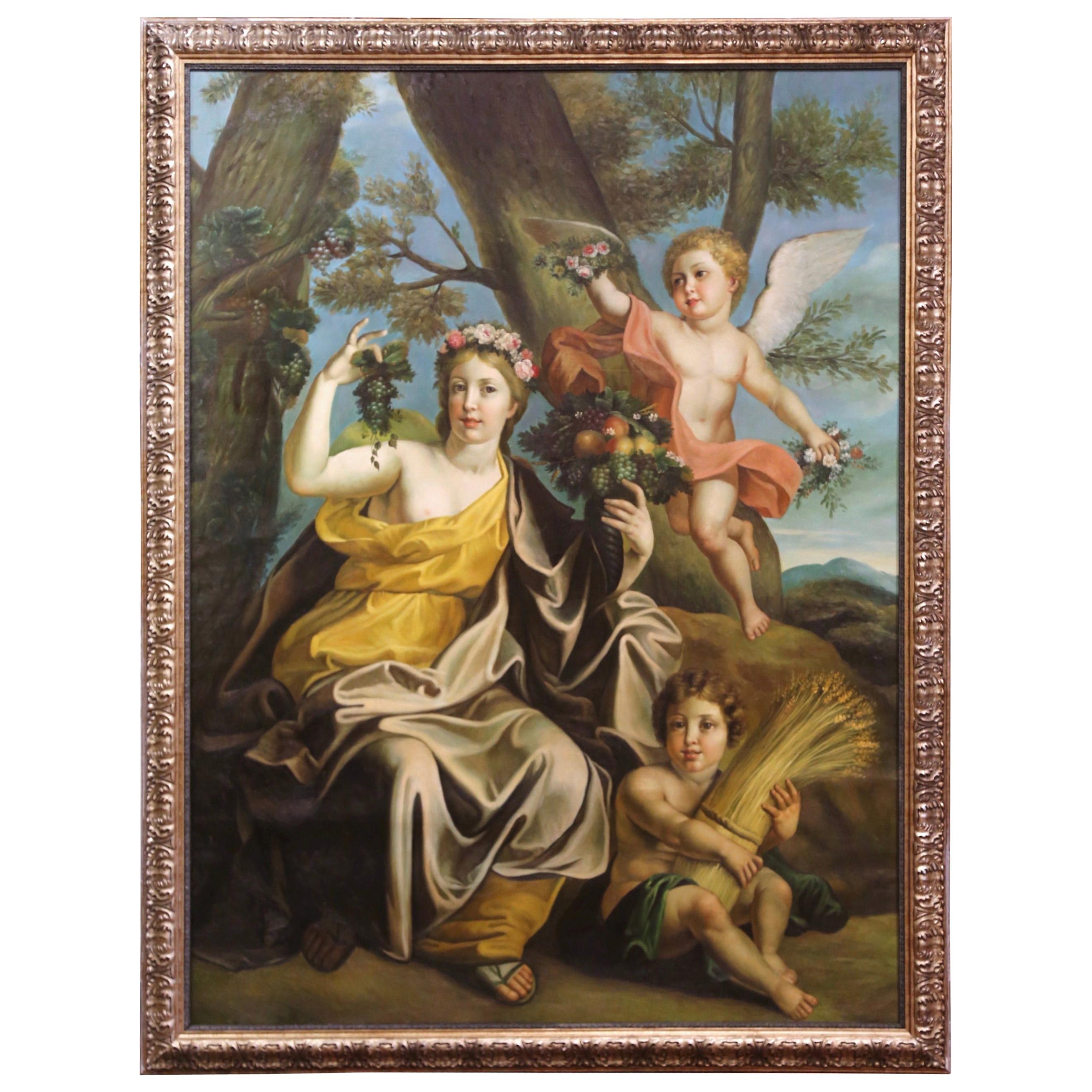 Large Mid-Century French Allegory Oil on Canvas Painting in Carved Frame