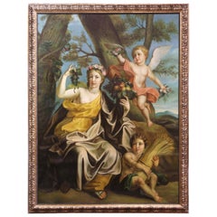Large Mid-Century French Allegory Oil on Canvas Painting in Carved Frame