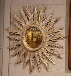 Large Mid-Century French Carved Giltwood Sunburst Convex Wall Mirror
