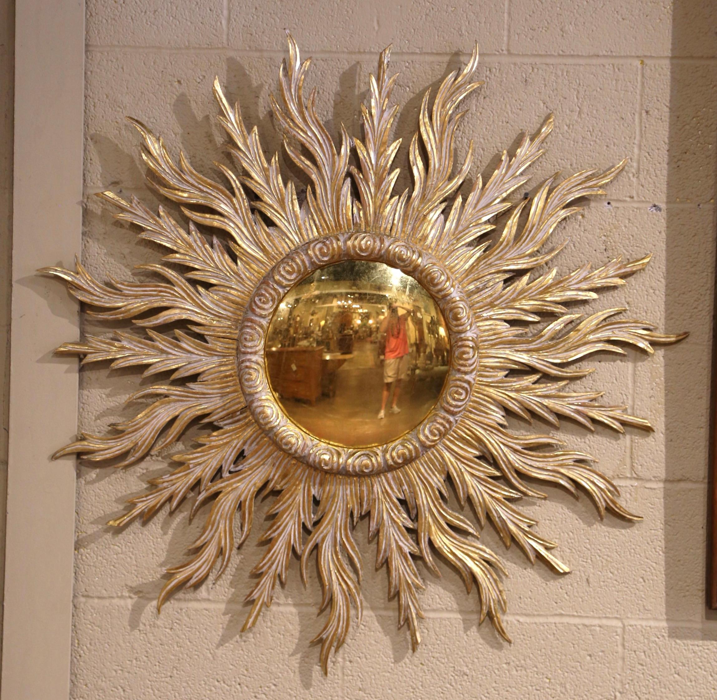 20th Century Large Mid-Century French Carved Giltwood Sunburst Convex Wall Mirror