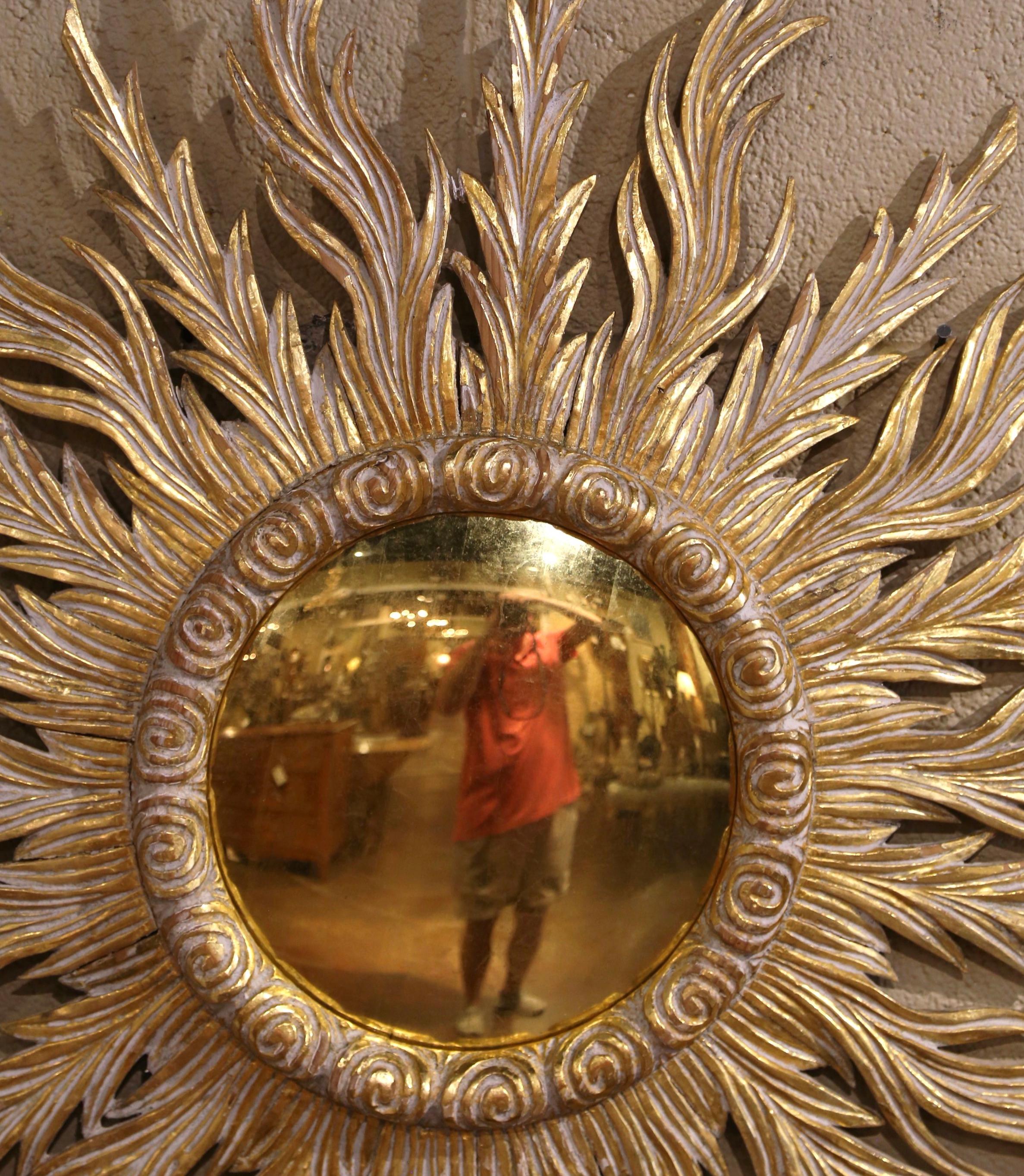 Large Mid-Century French Carved Giltwood Sunburst Convex Wall Mirror 1