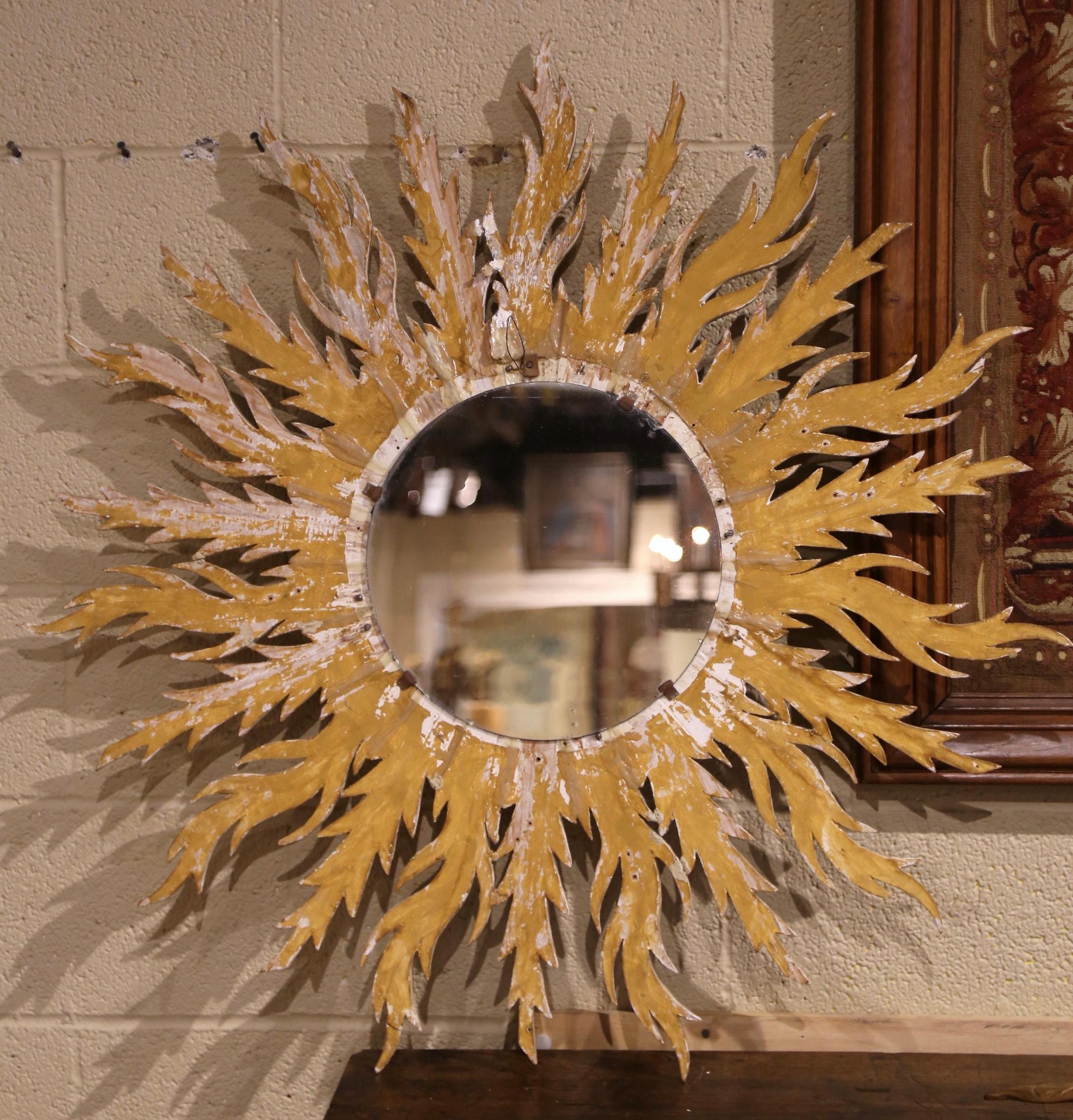 Large Mid-Century French Carved Giltwood Sunburst Convex Wall Mirror 2