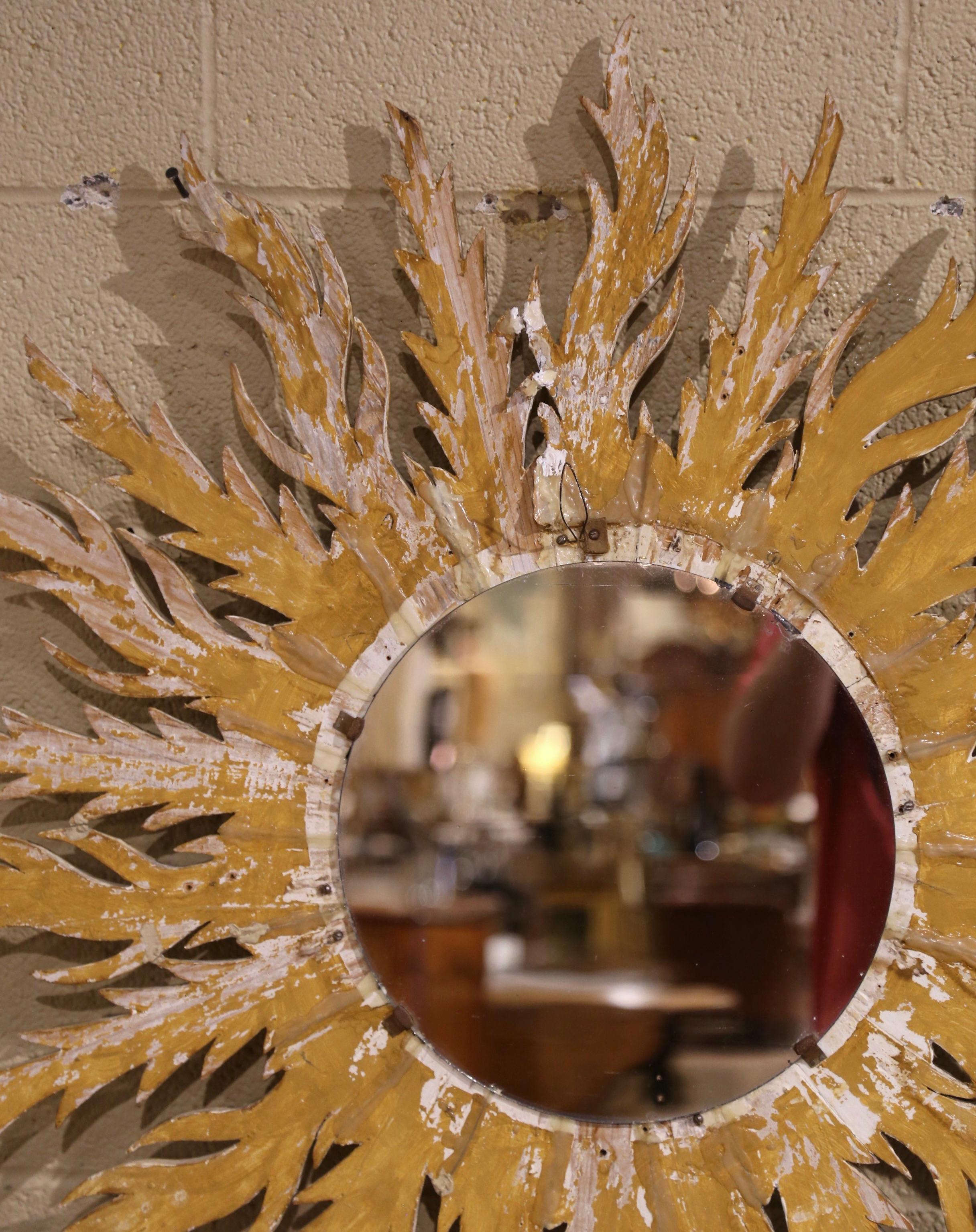 Large Mid-Century French Carved Giltwood Sunburst Convex Wall Mirror 3