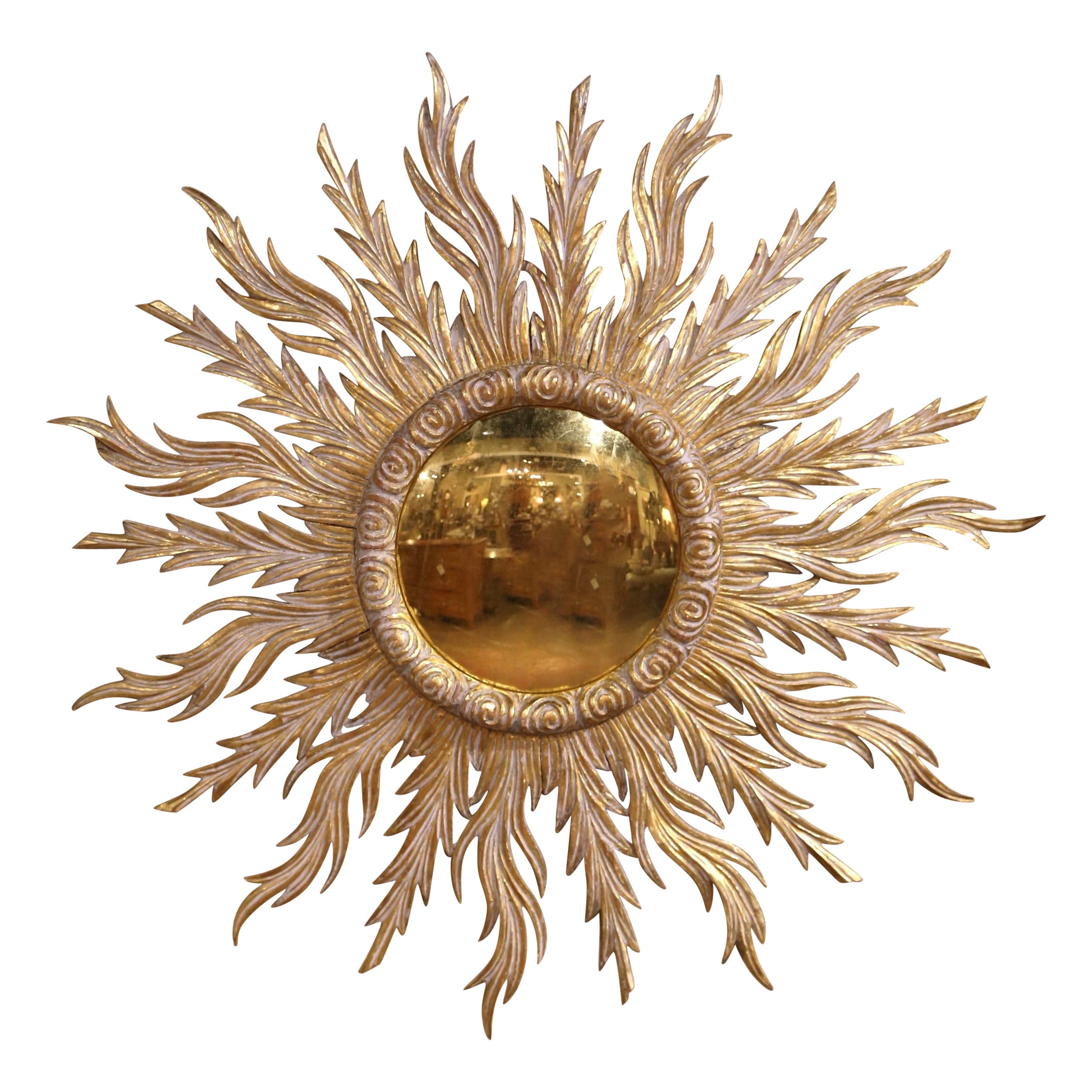 Large Mid-Century French Carved Giltwood Sunburst Convex Wall Mirror