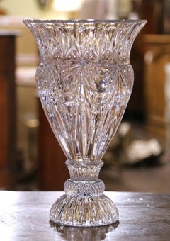 Large Mid-Century French Cut Crystal Vase with Starburst Motif