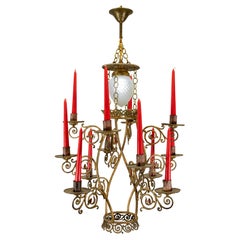 Grand lustre à bougies en fer doré du milieu du siècle avec globe en verre dépoli