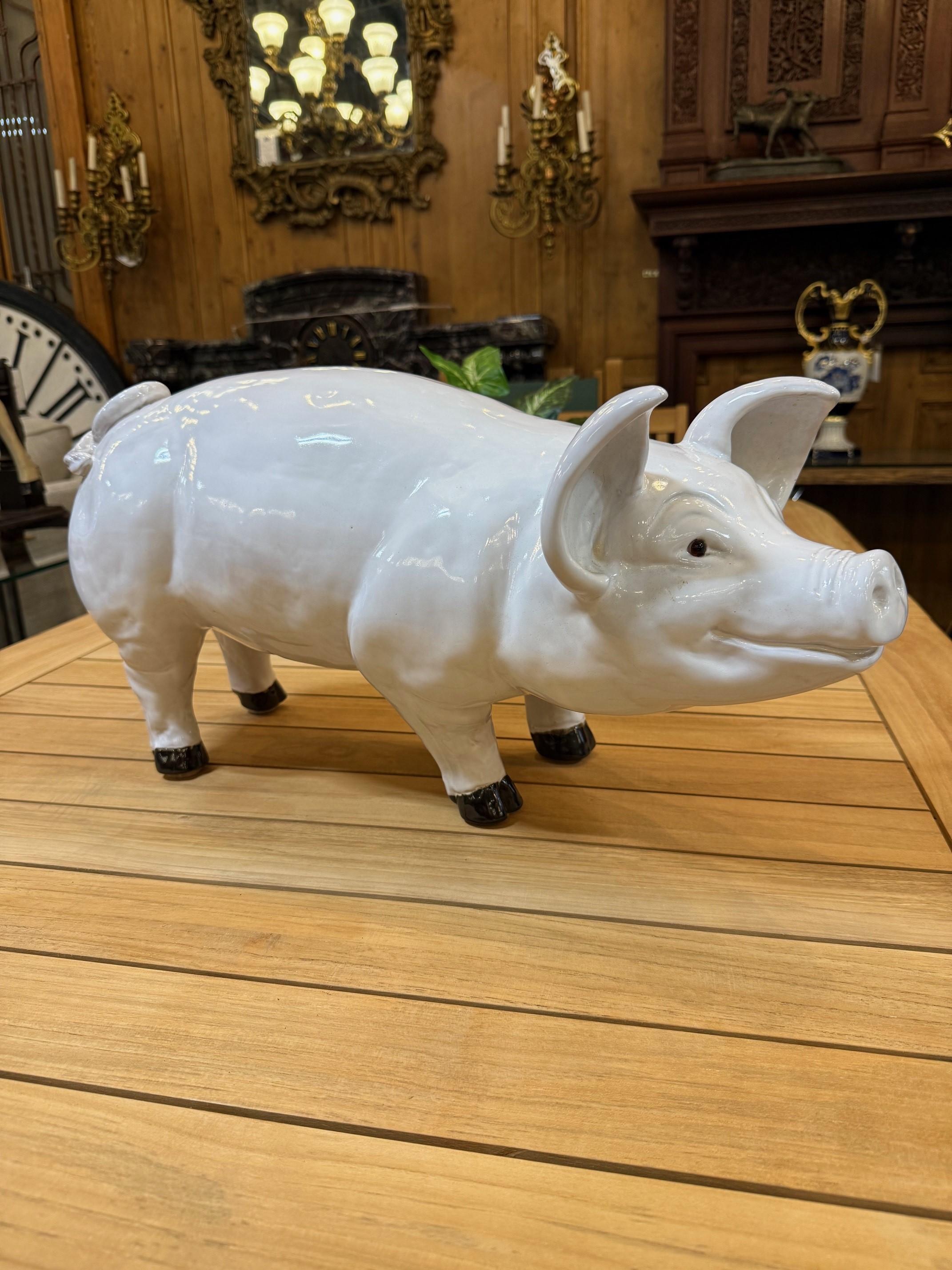 Large Mid Century French Glazed Ceramic Pig Figurine For Sale 8
