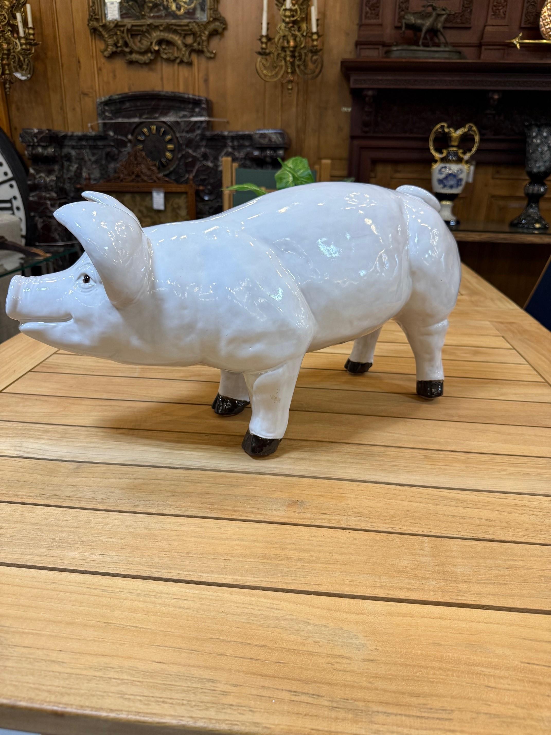 Large Mid Century French Glazed Ceramic Pig Figurine In Good Condition For Sale In Stamford, CT