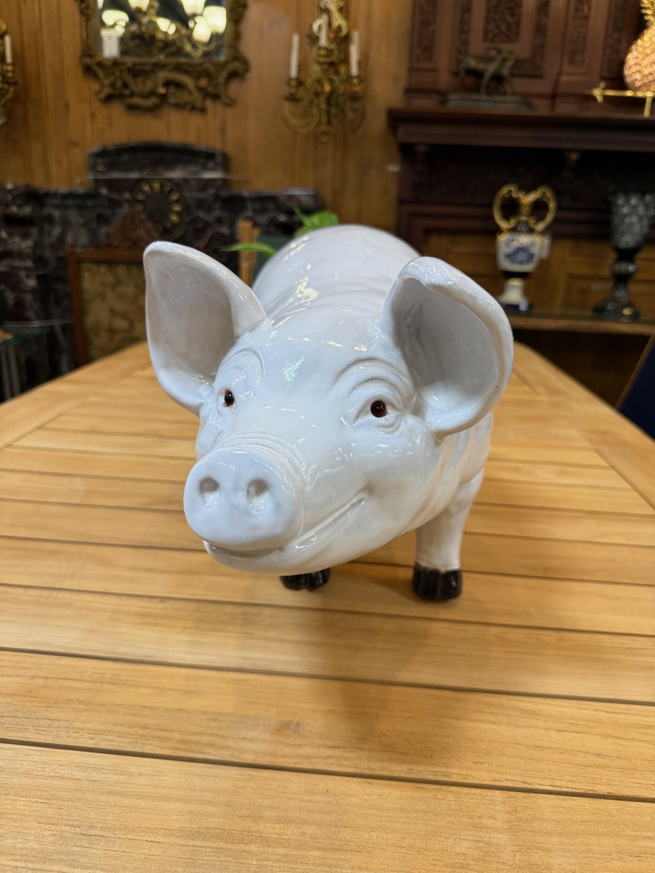Large Mid Century French Glazed Ceramic Pig Figurine For Sale 1