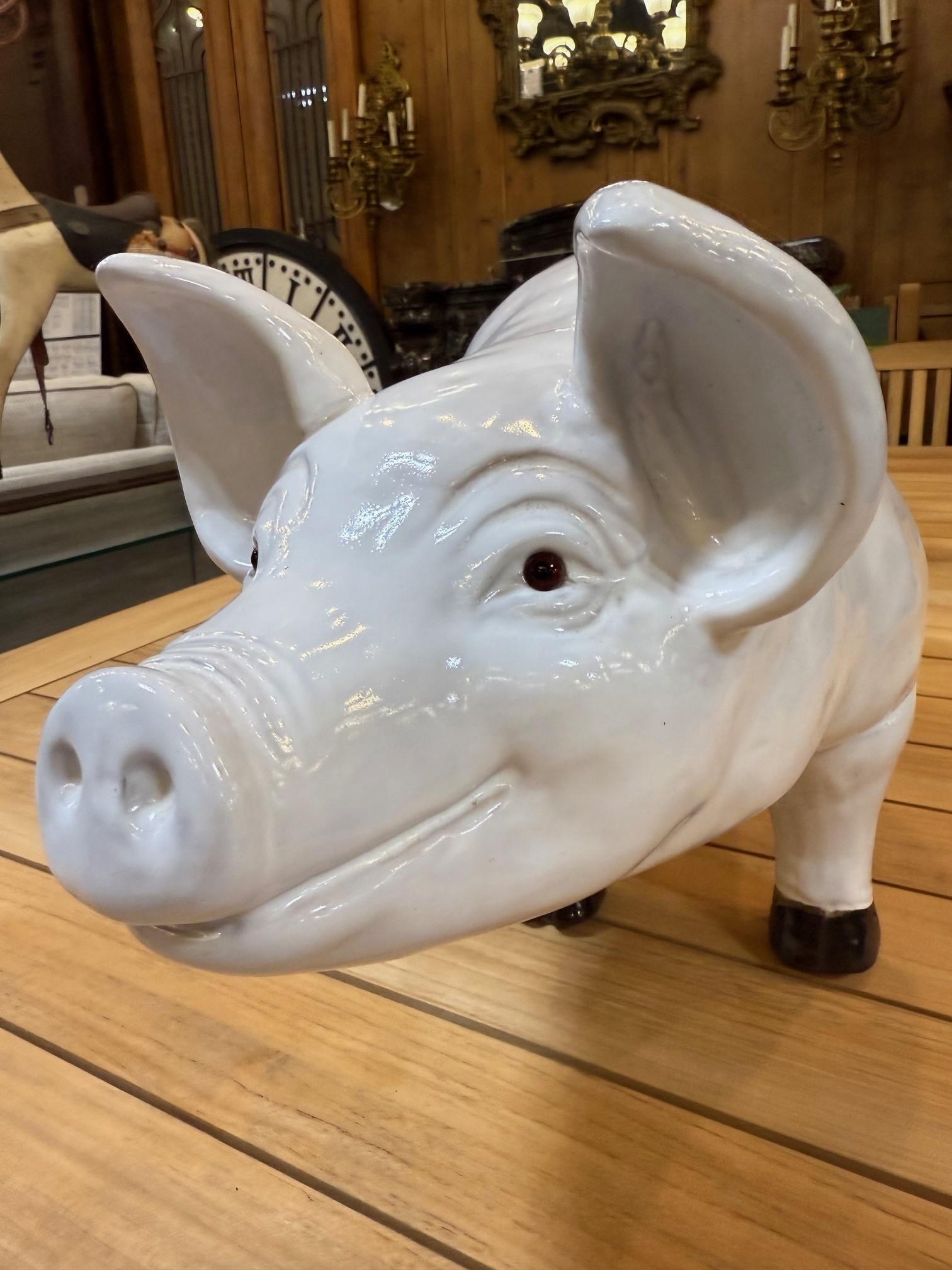 Large Mid Century French Glazed Ceramic Pig Figurine For Sale 2