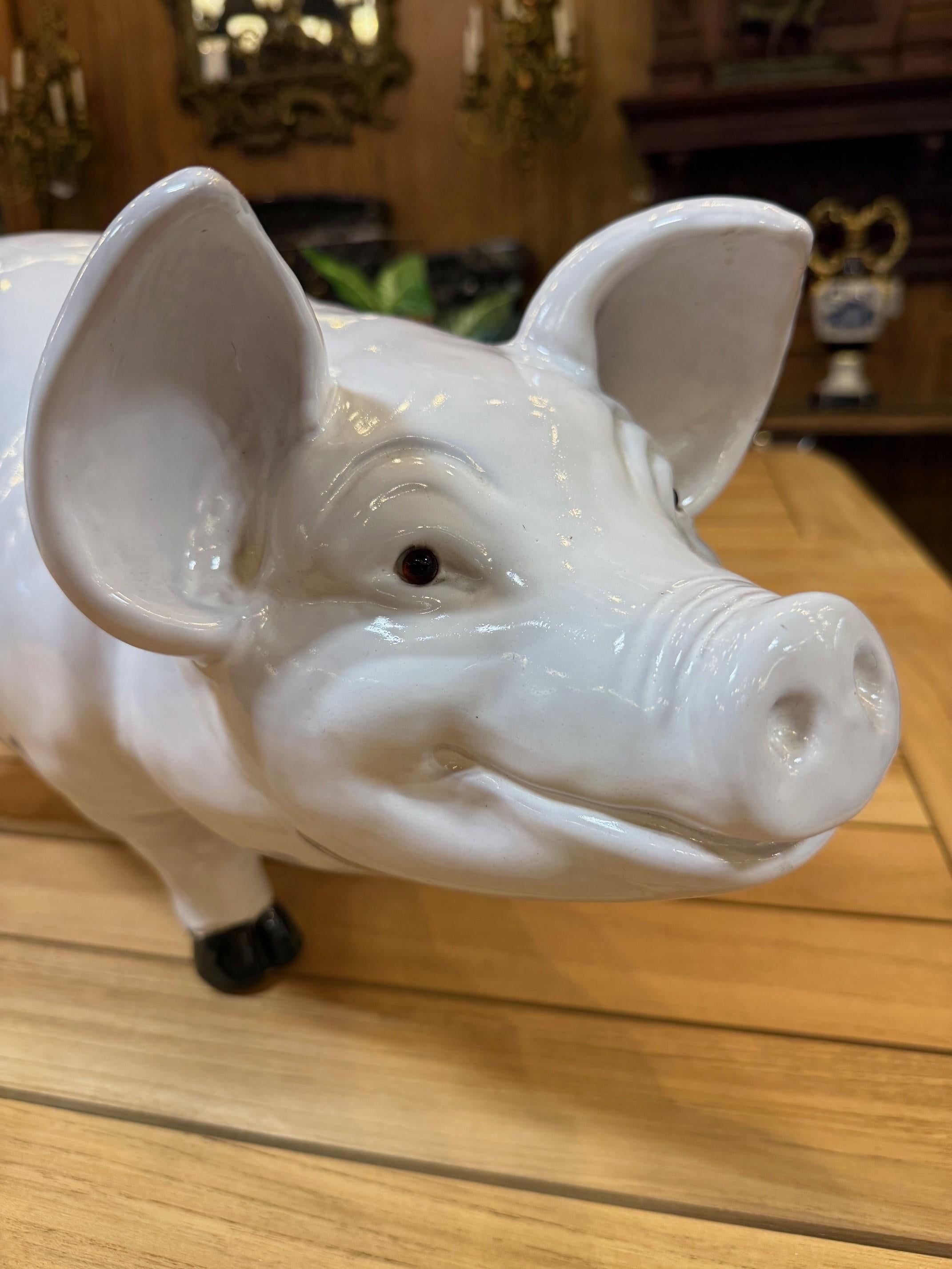 Large Mid Century French Glazed Ceramic Pig Figurine For Sale 3