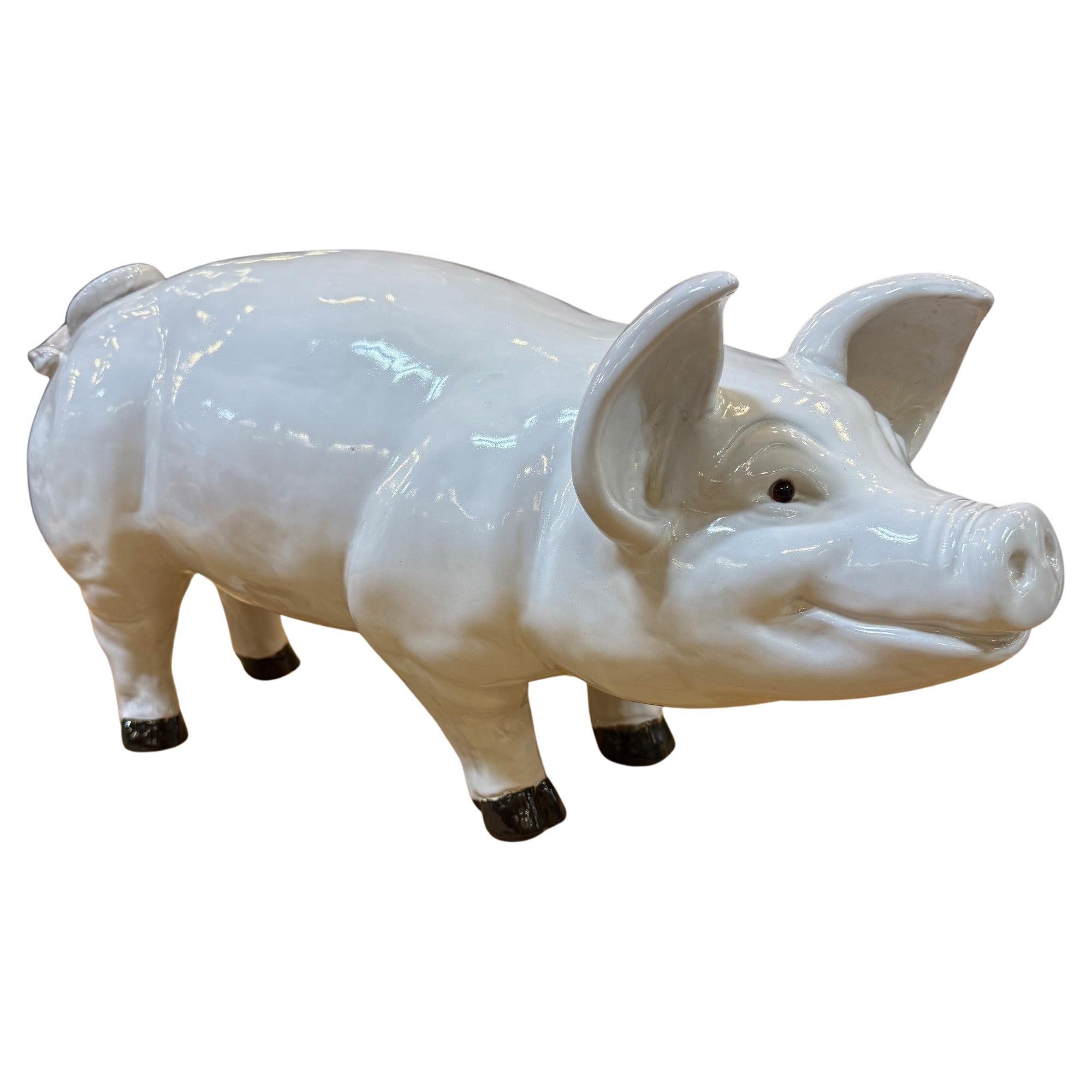 Large Mid Century French Glazed Ceramic Pig Figurine For Sale