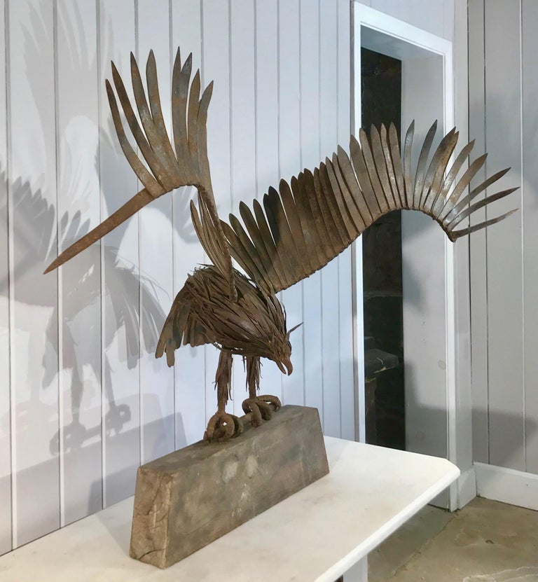 Large Midcentury French Handmade Wrought Iron Eagle Sculpture For Sale