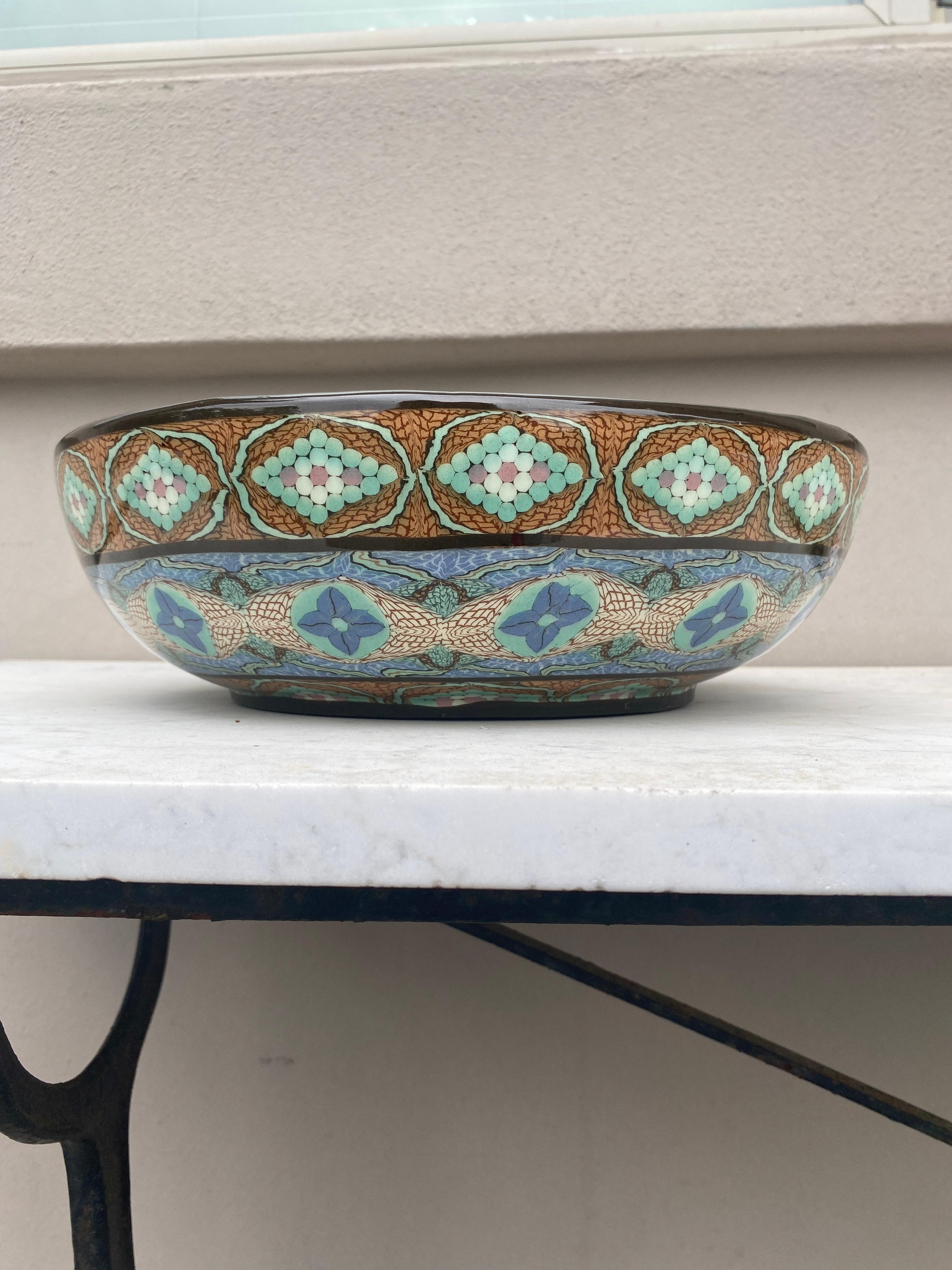 Large Midcentury French Mosaic Ceramic Bowl Gerbino Vallauris In Good Condition For Sale In Austin, TX