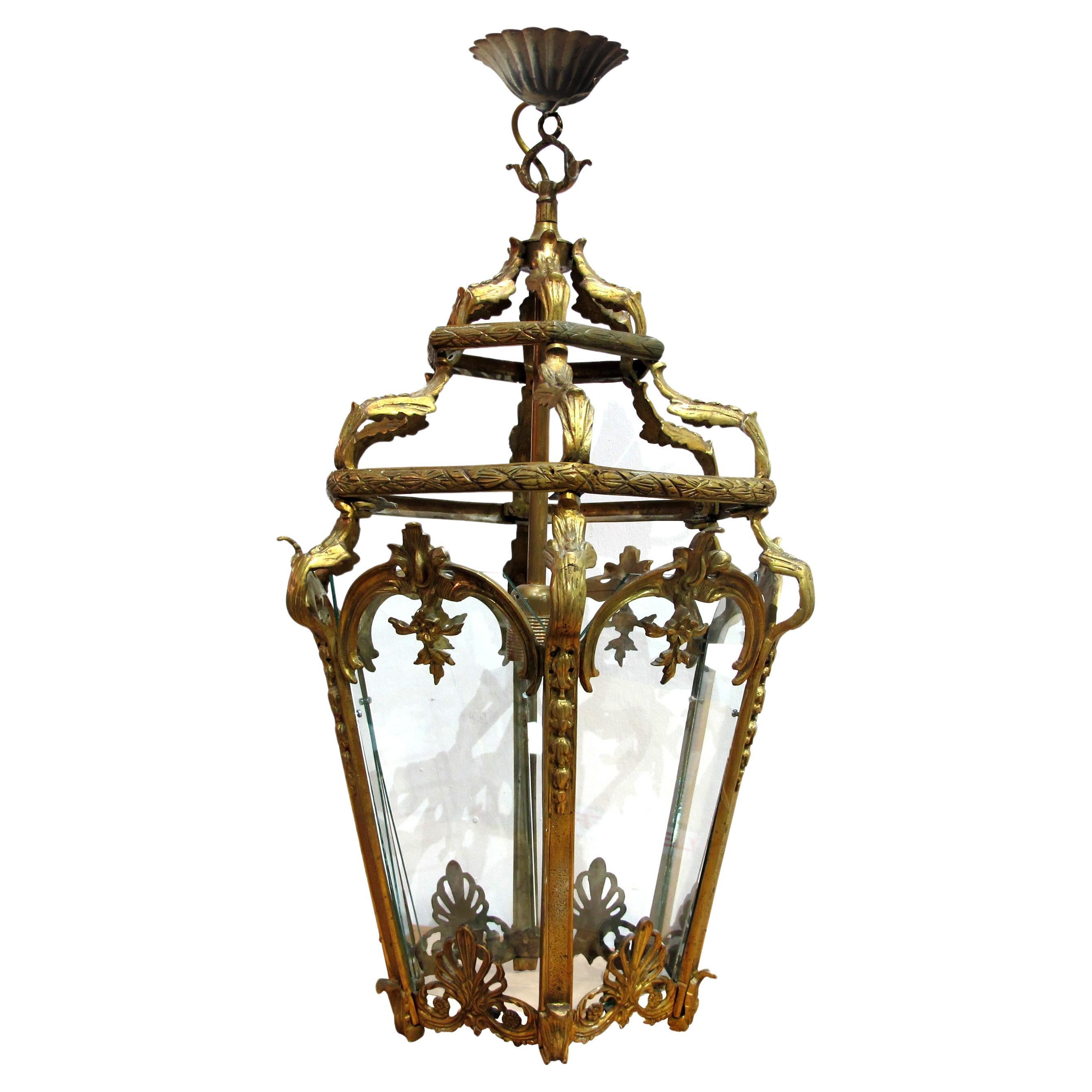 Large Mid Century French Six Facet Bronze Rococo Lantern Louis XV Style