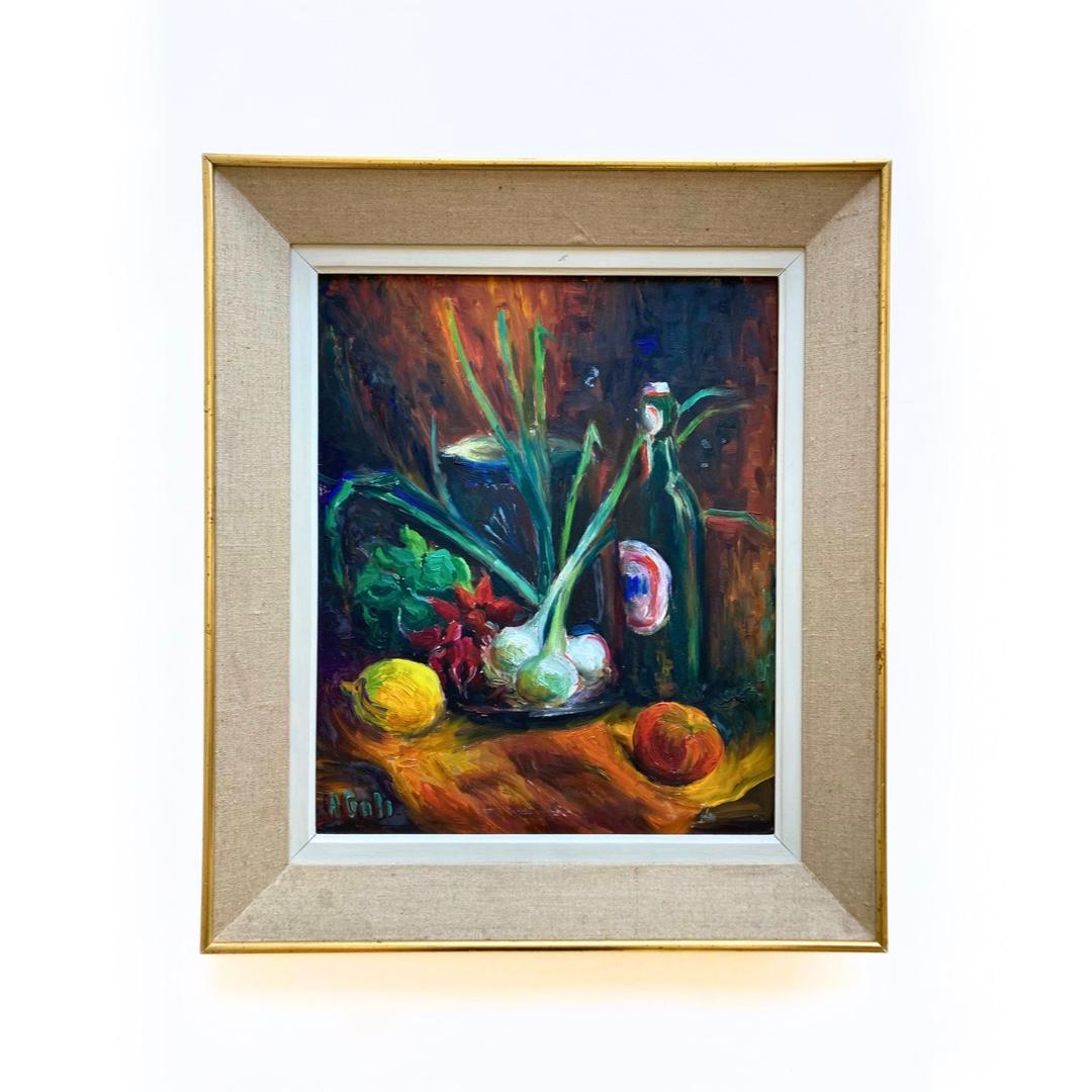 This eye-catching mid-century original oil painting has been sourced in Alsace, France. It features a colorful kitchen still-life. The painting is signed by the artist, interpreted as A. Goli, in the lower left corner (see photo). 

The artwork is