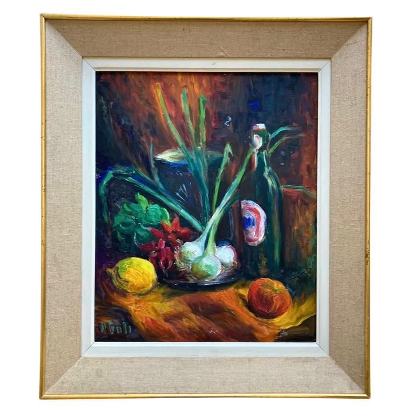 Large Mid-Century French Still-Life Painting on Hardboard Signed by Artist
