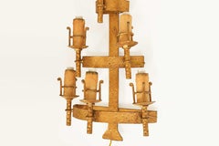 Large Mid-Century French Wrought Iron Six-Light Wall Sconce, Hammered Gilt Iron