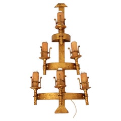 Large Mid-Century French Wrought Iron Six-Light Wall Sconce, Hammered Gilt Iron