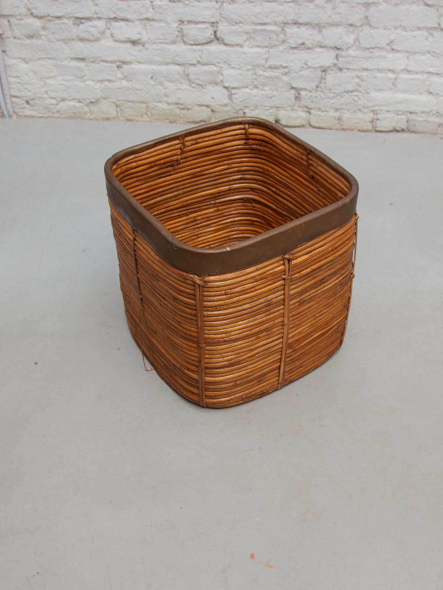 Large Mid-Century Gabriella Crespi Style Brass & Rattan Bamboo Cube Planter For Sale 3