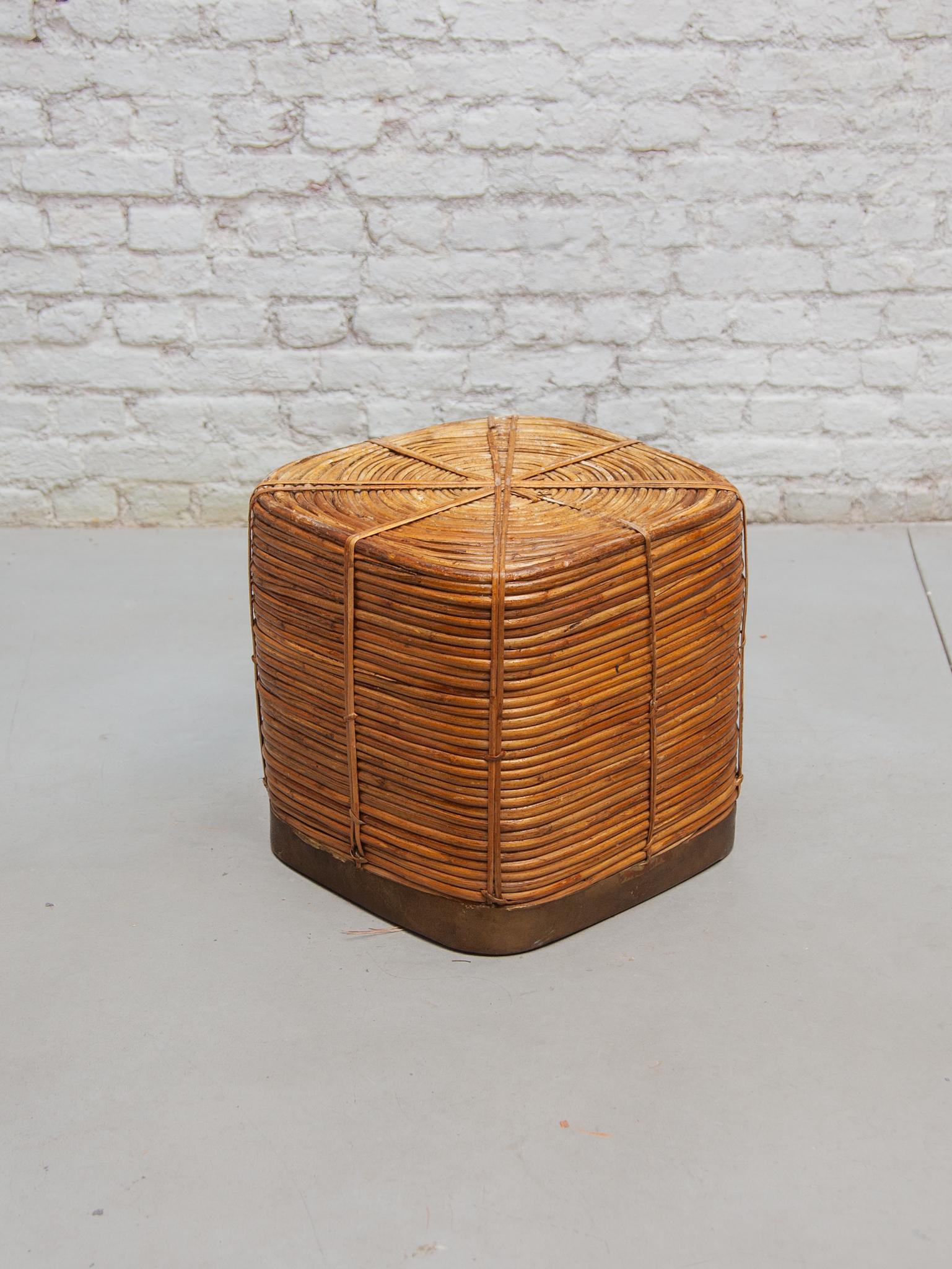 Large Mid-Century Gabriella Crespi Style Brass & Rattan Bamboo Cube Planter For Sale 4