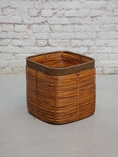 Large Mid-Century Gabriella Crespi Style Brass & Rattan Bamboo Cube Planter