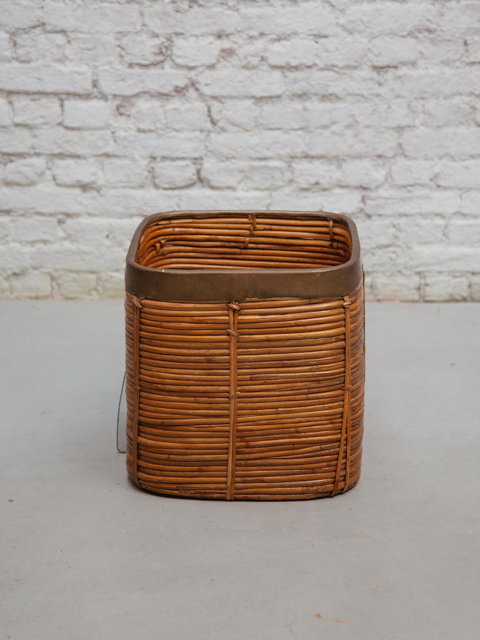 Mid-Century Modern Large Mid-Century Gabriella Crespi Style Brass & Rattan Bamboo Cube Planter For Sale