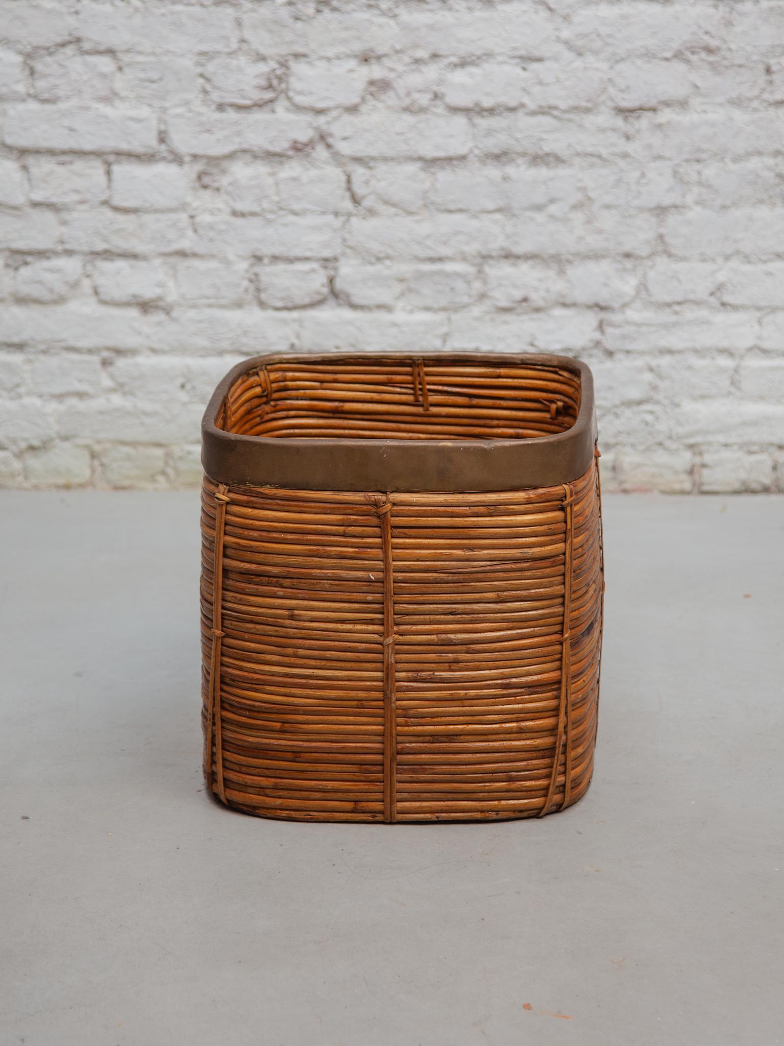 Hand-Crafted Large Mid-Century Gabriella Crespi Style Brass & Rattan Bamboo Cube Planter For Sale