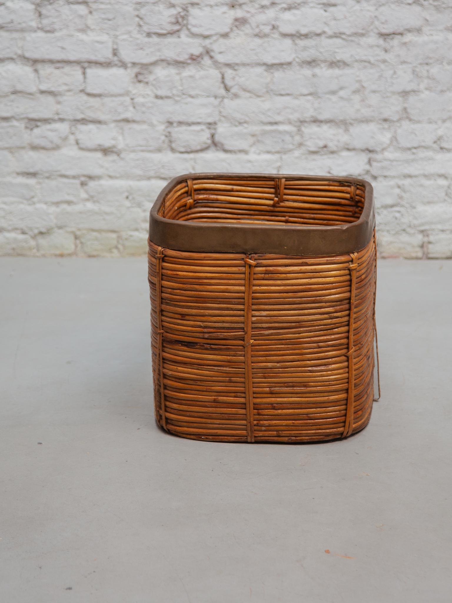 Mid-20th Century Large Mid-Century Gabriella Crespi Style Brass & Rattan Bamboo Cube Planter For Sale