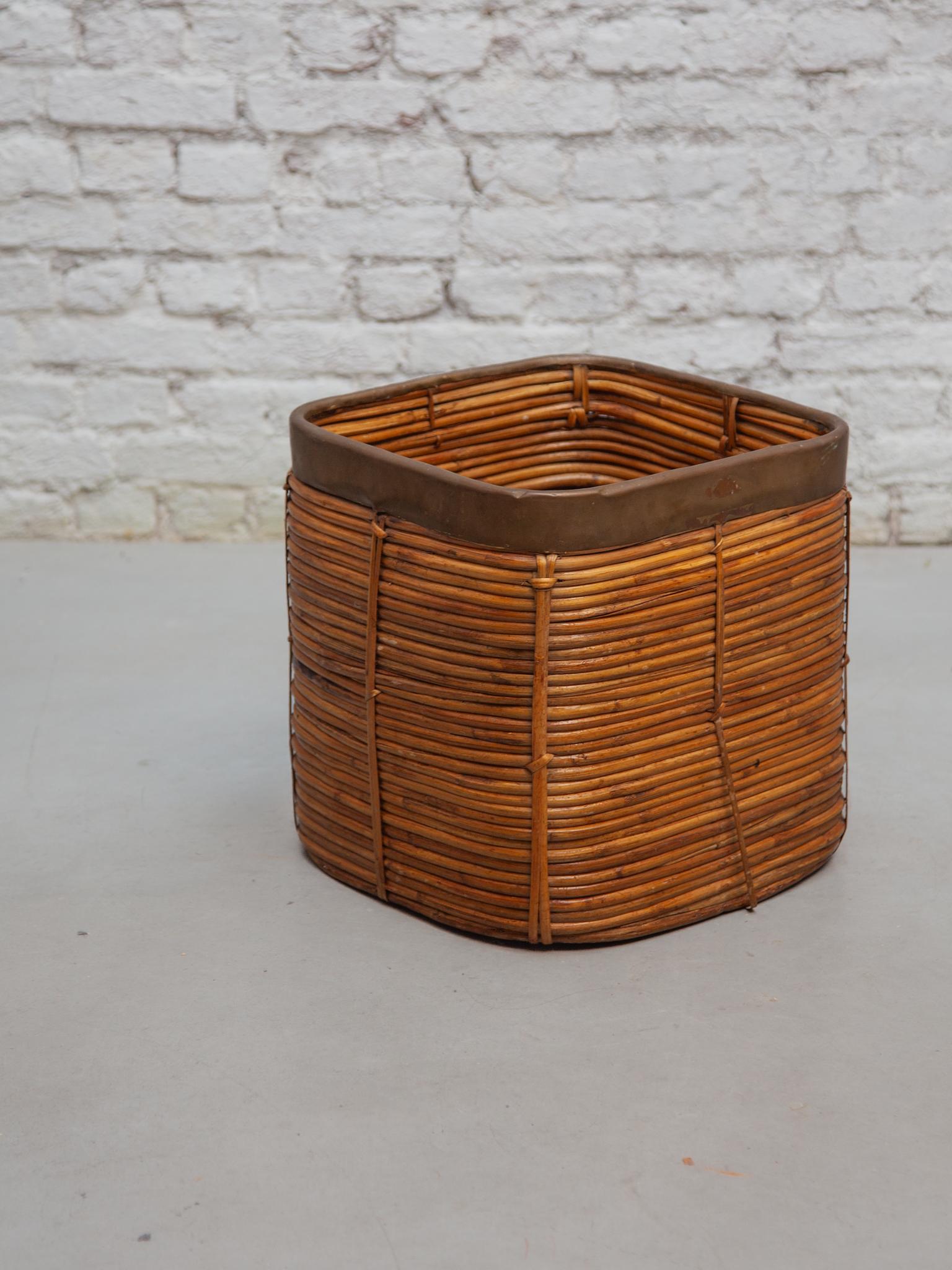 Large Mid-Century Gabriella Crespi Style Brass & Rattan Bamboo Cube Planter For Sale 1