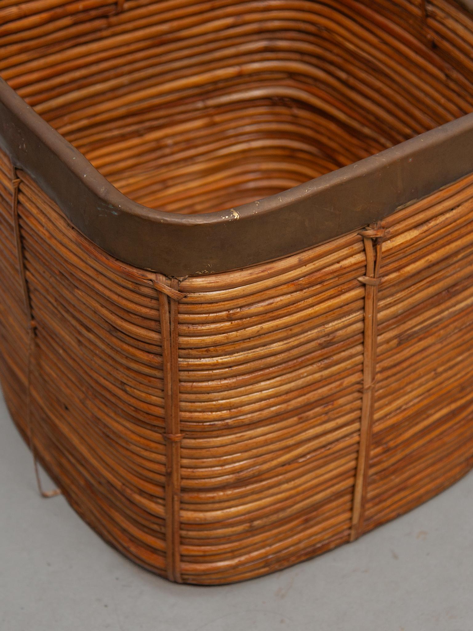 Large Mid-Century Gabriella Crespi Style Brass & Rattan Bamboo Cube Planter For Sale 2