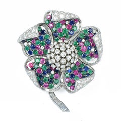 Large Mid-Century Gem Set Diamond Flower Brooch