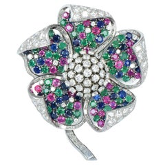 Large Mid-Century Gem Set Diamond Flower Brooch