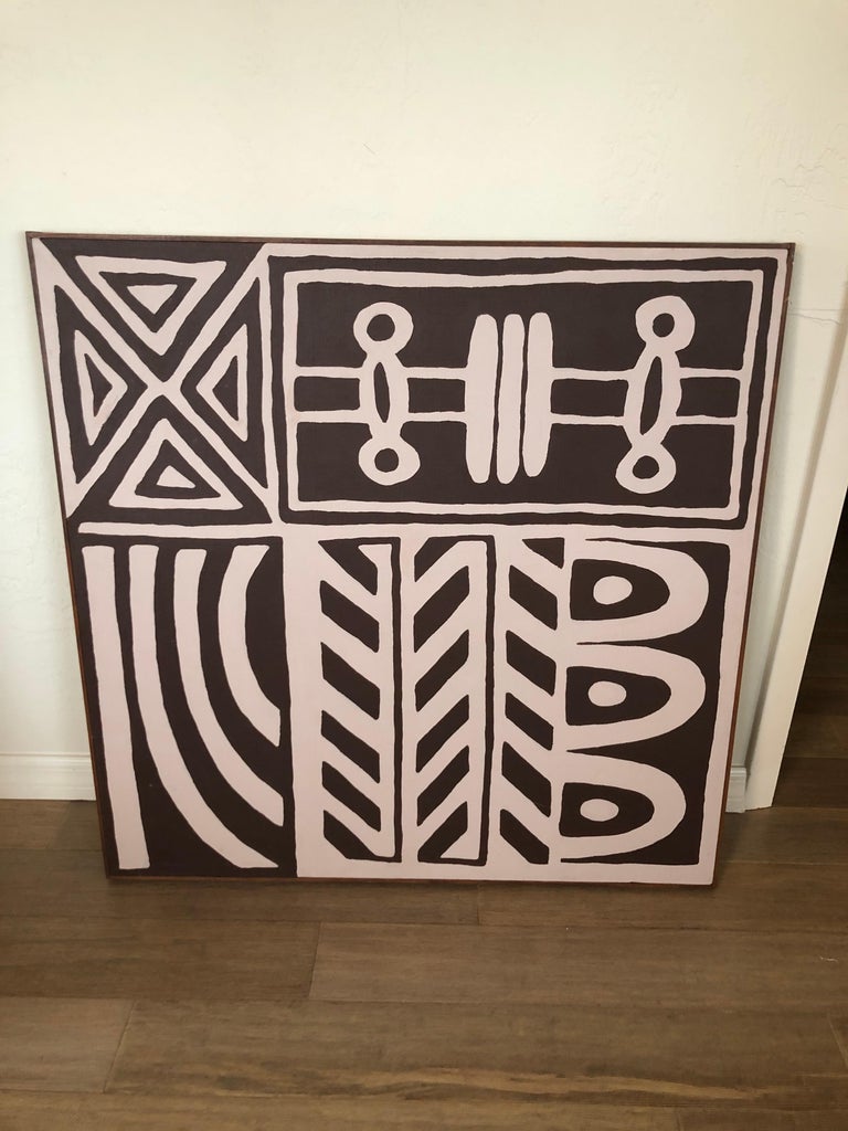 Large Mid Century abstract geometric painting.
African tribal vibes and colors. Brown with an off-white creamy blush/mauve background. This item can parcel ship for $55