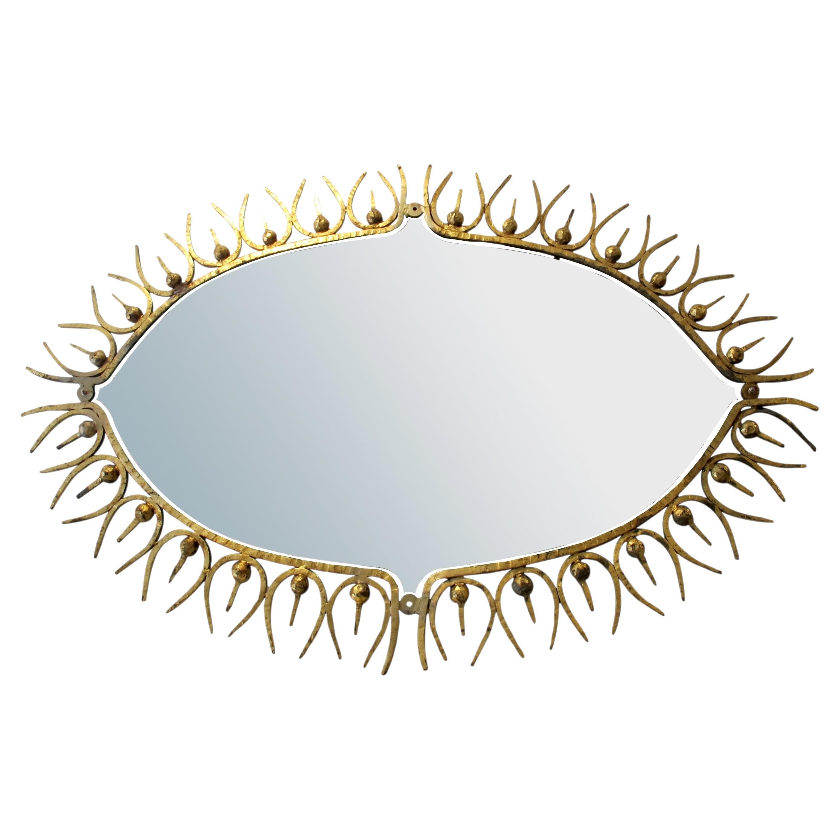 Large Mid-Century Gilt Wrought Iron Sunburst Mirror, Spanish