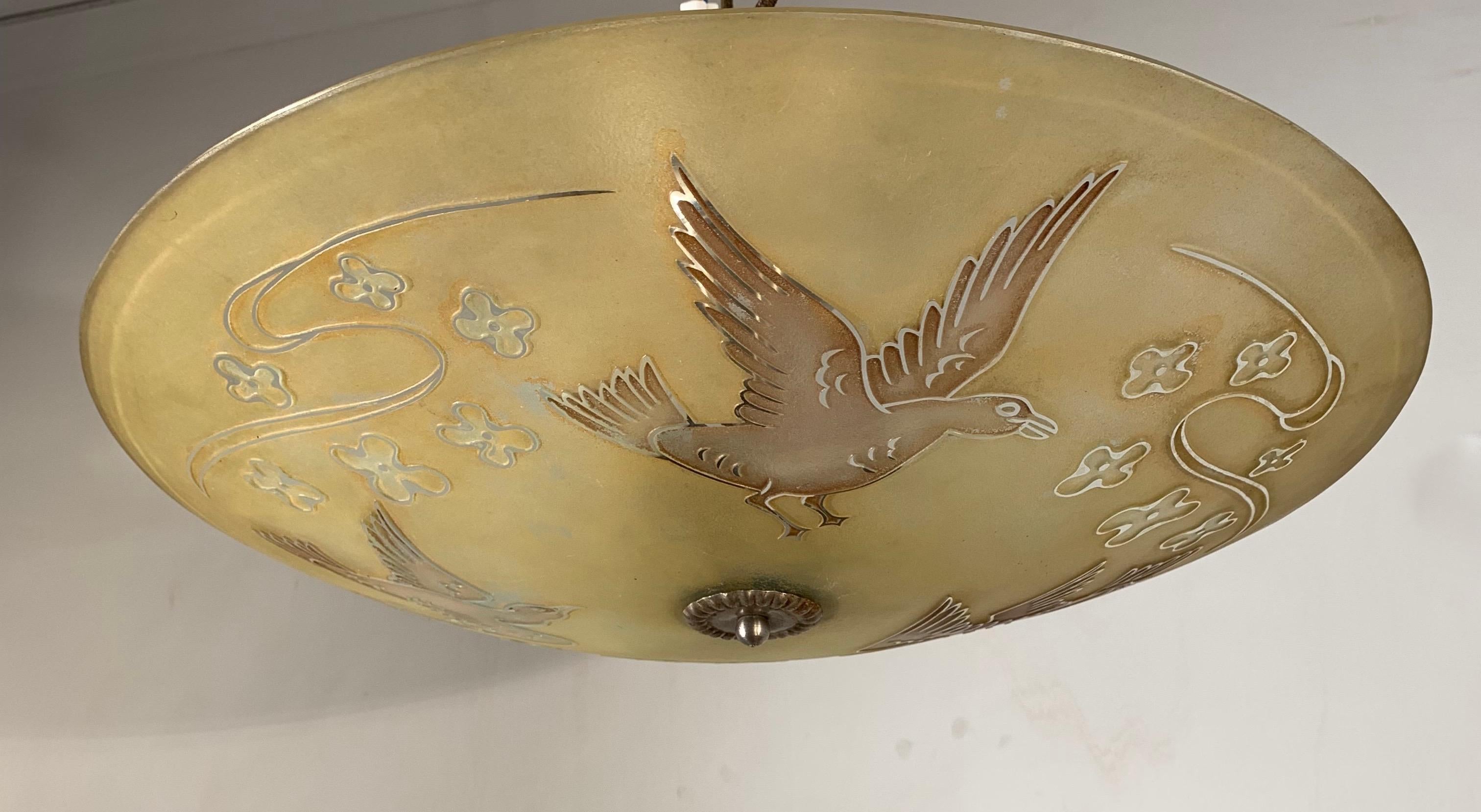 Extra Large Mid Century Glass Flush Mount / Pendant with Flying Birds in Relief 2