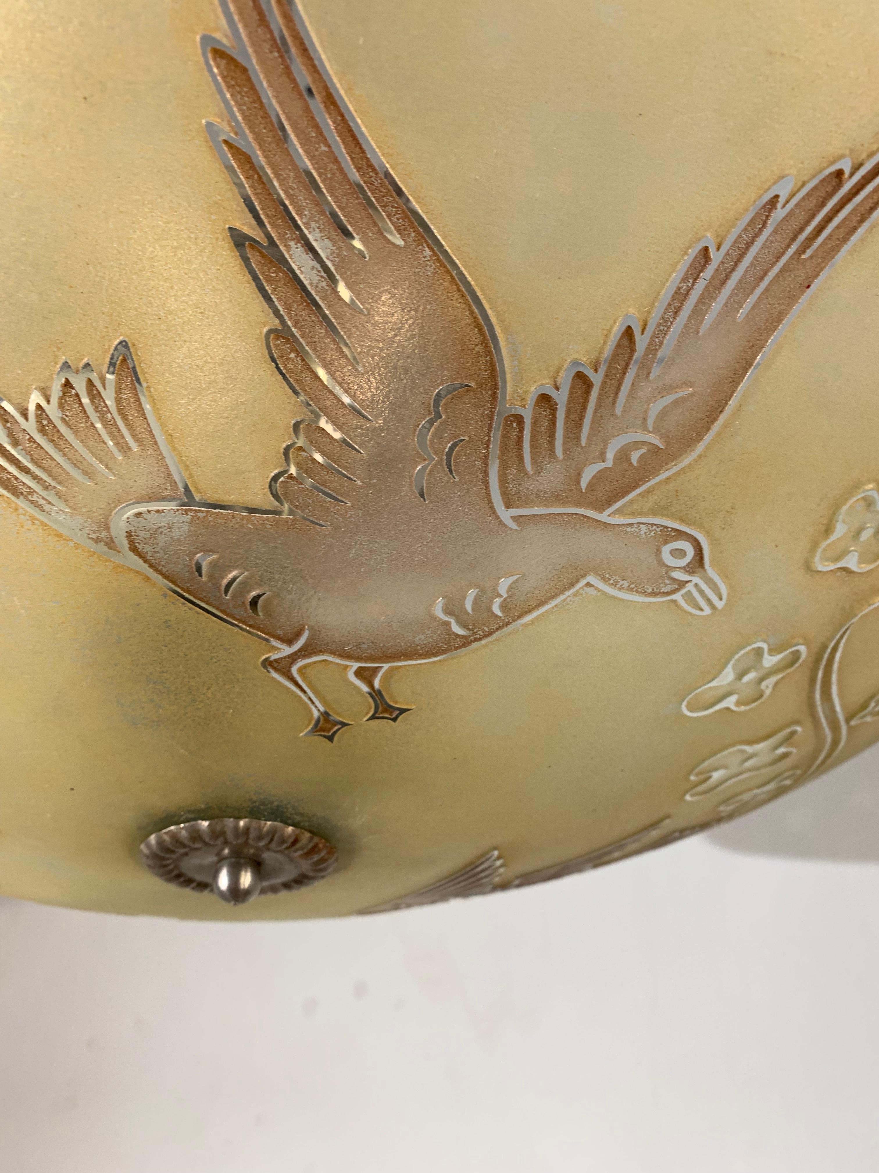 Extra Large Mid Century Glass Flush Mount / Pendant with Flying Birds in Relief 3