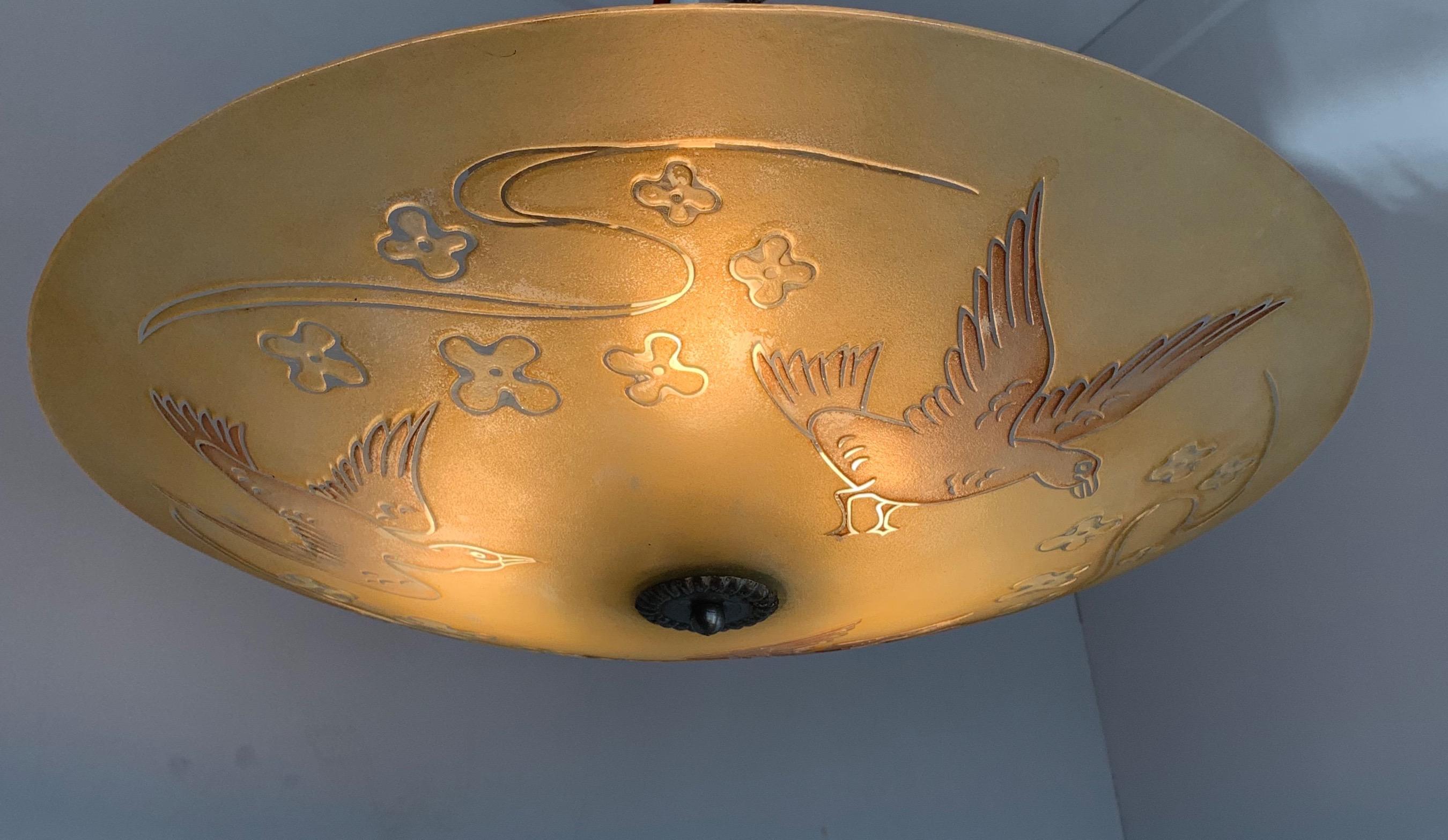 Extra Large Mid Century Glass Flush Mount / Pendant with Flying Birds in Relief 4