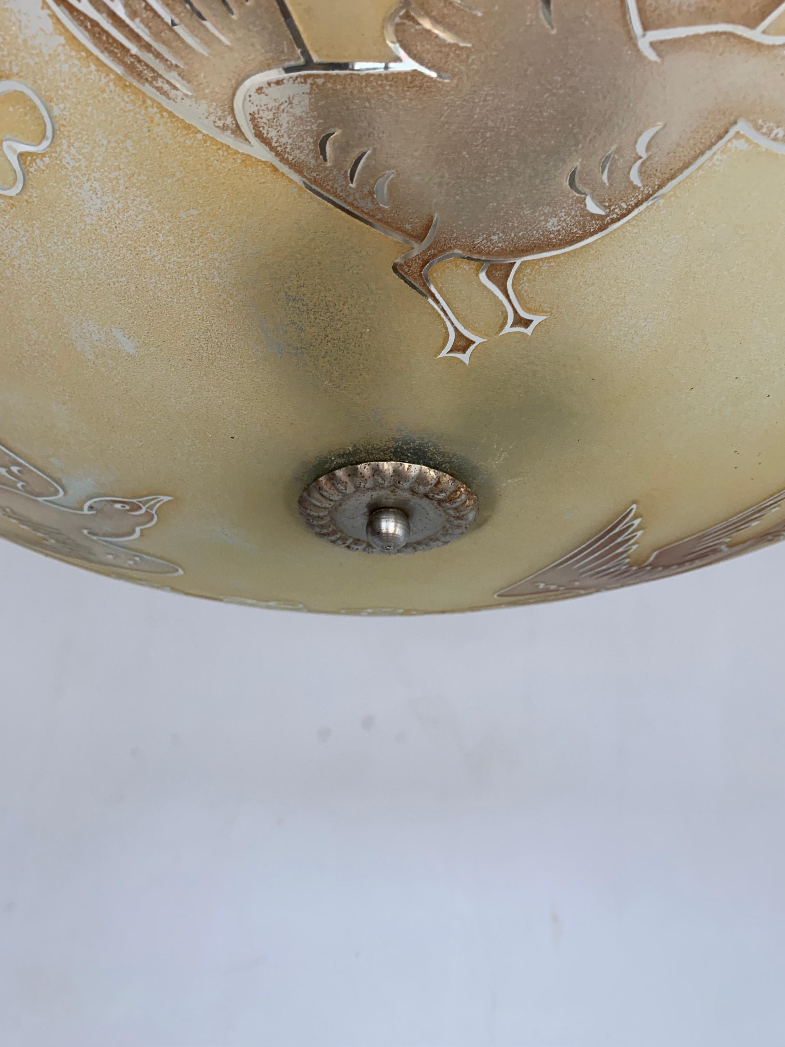Extra Large Mid Century Glass Flush Mount / Pendant with Flying Birds in Relief 7