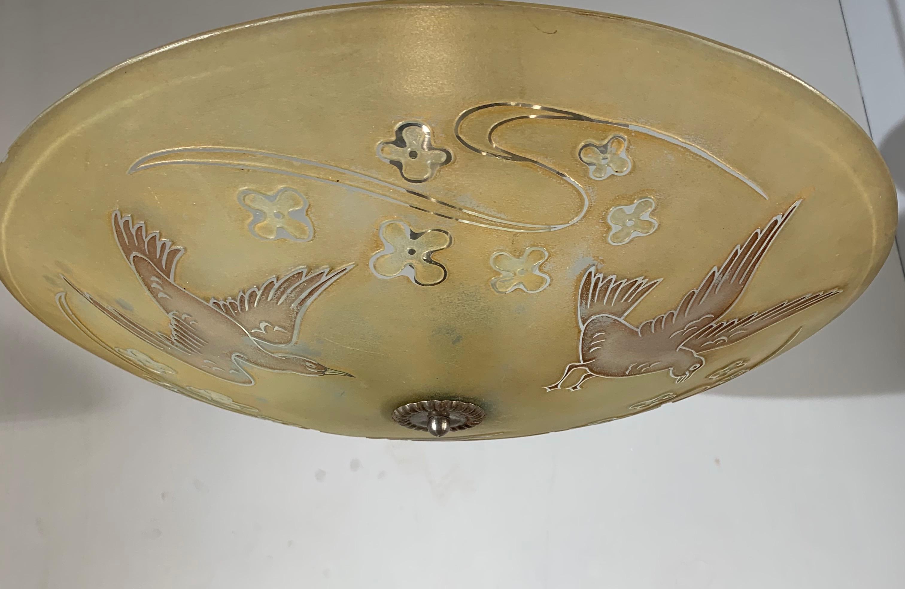 Extra Large Mid Century Glass Flush Mount / Pendant with Flying Birds in Relief 8
