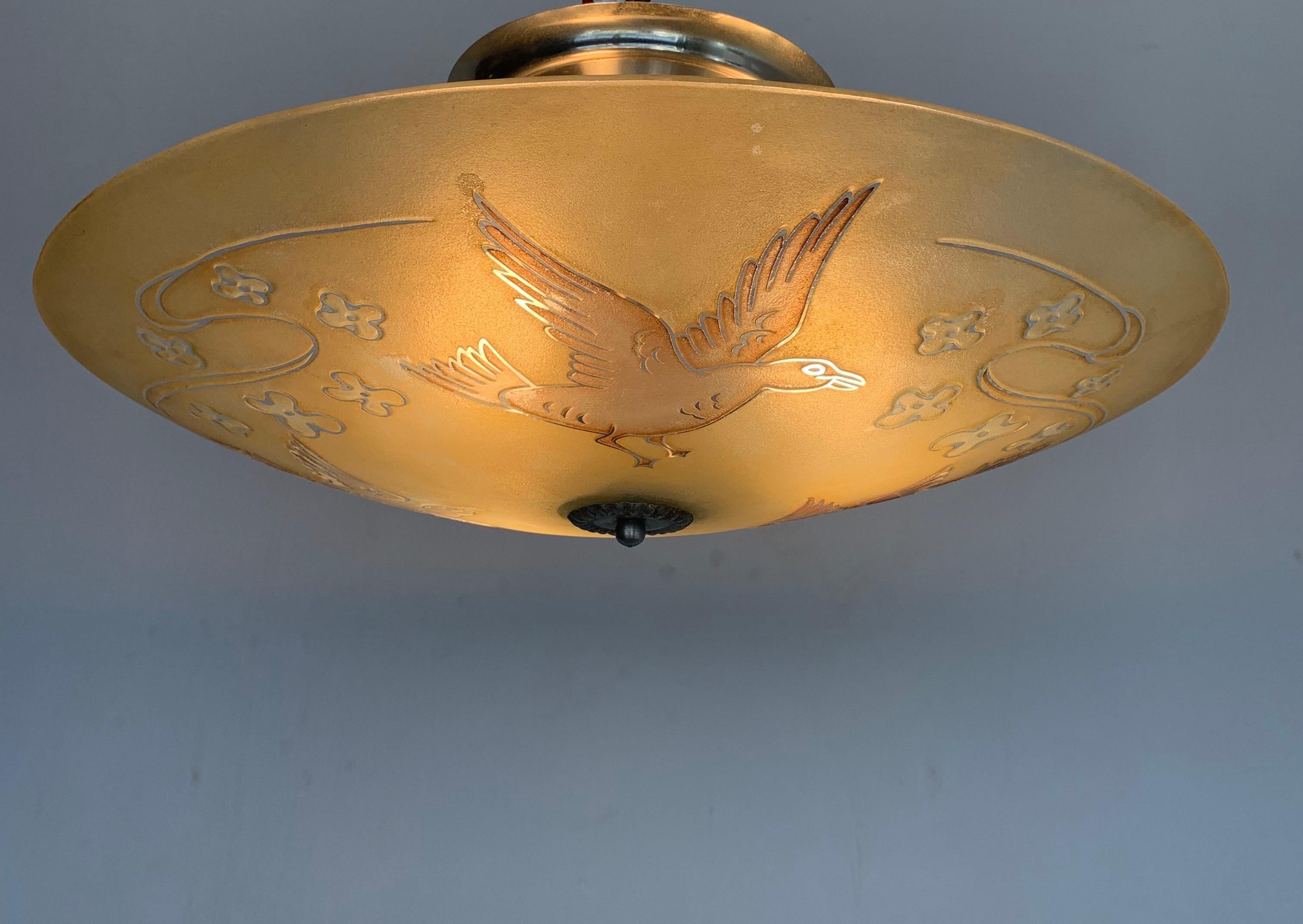 Extra Large Mid Century Glass Flush Mount / Pendant with Flying Birds in Relief 9