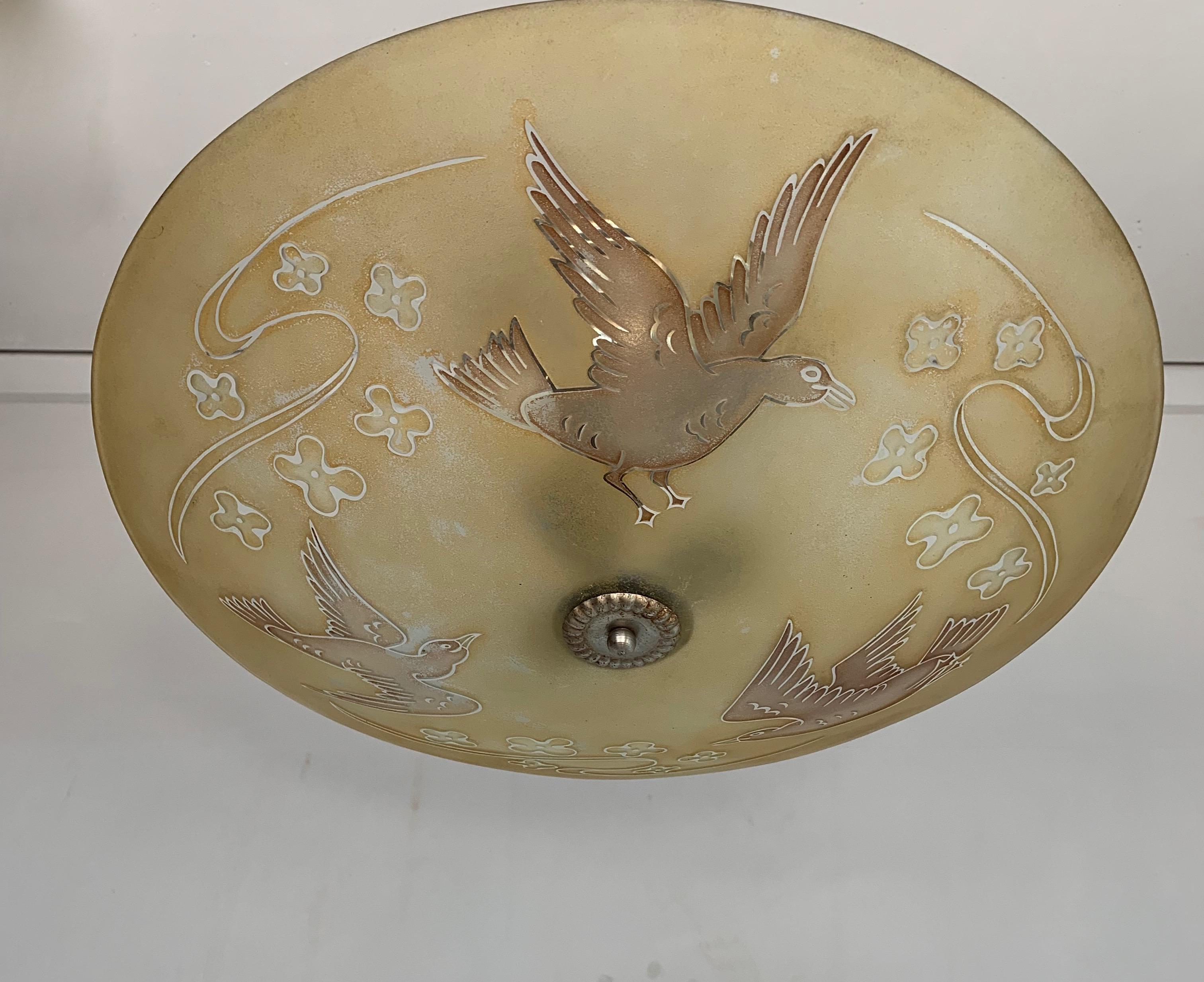 Extra Large Mid Century Glass Flush Mount / Pendant with Flying Birds in Relief 10