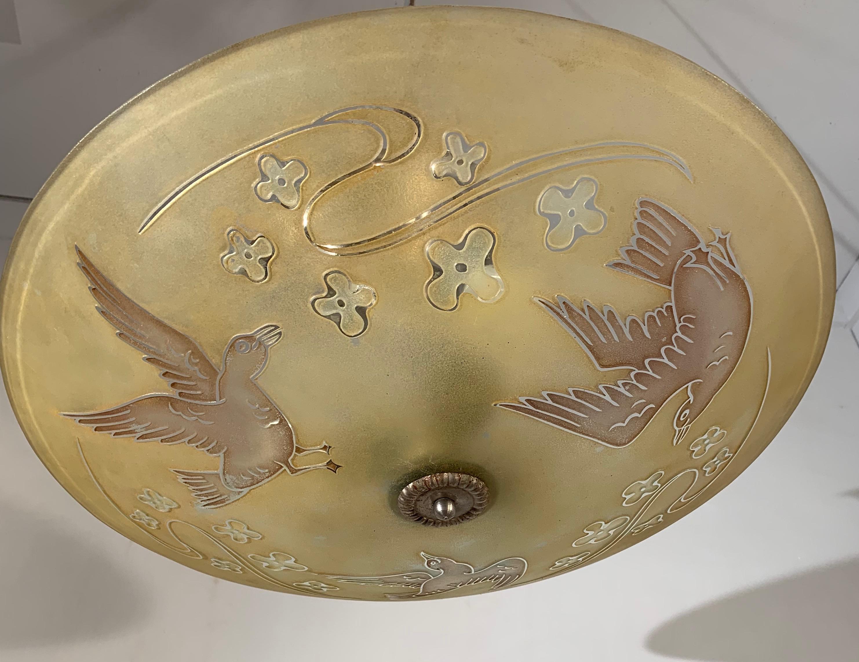 Art Deco Extra Large Mid Century Glass Flush Mount / Pendant with Flying Birds in Relief