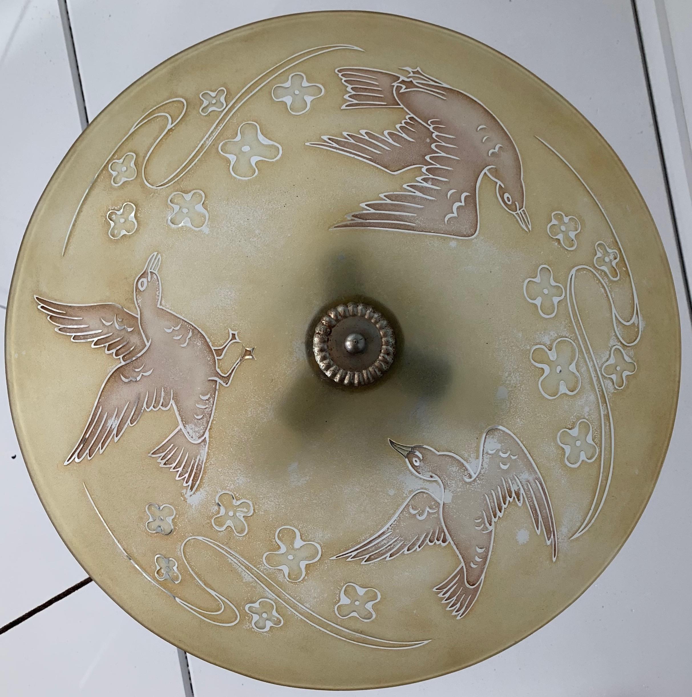 Engraved Extra Large Mid Century Glass Flush Mount / Pendant with Flying Birds in Relief