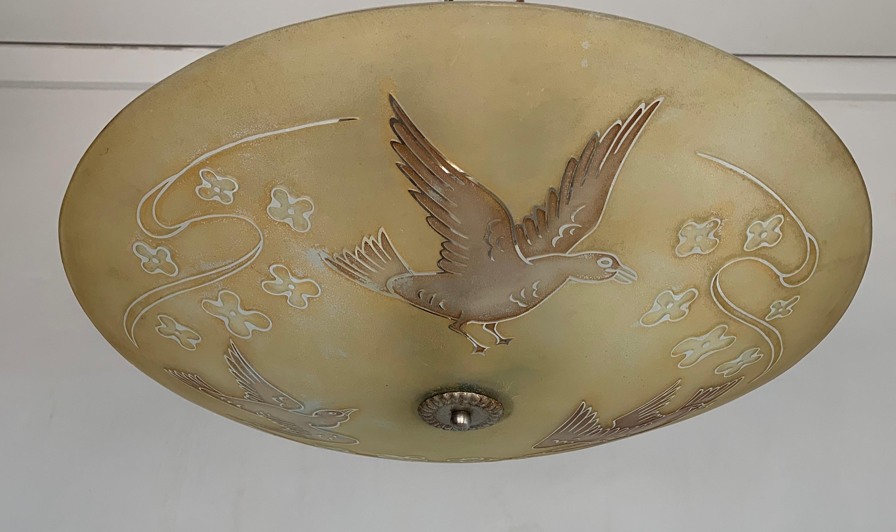 Extra Large Mid Century Glass Flush Mount / Pendant with Flying Birds in Relief In Good Condition In Lisse, NL
