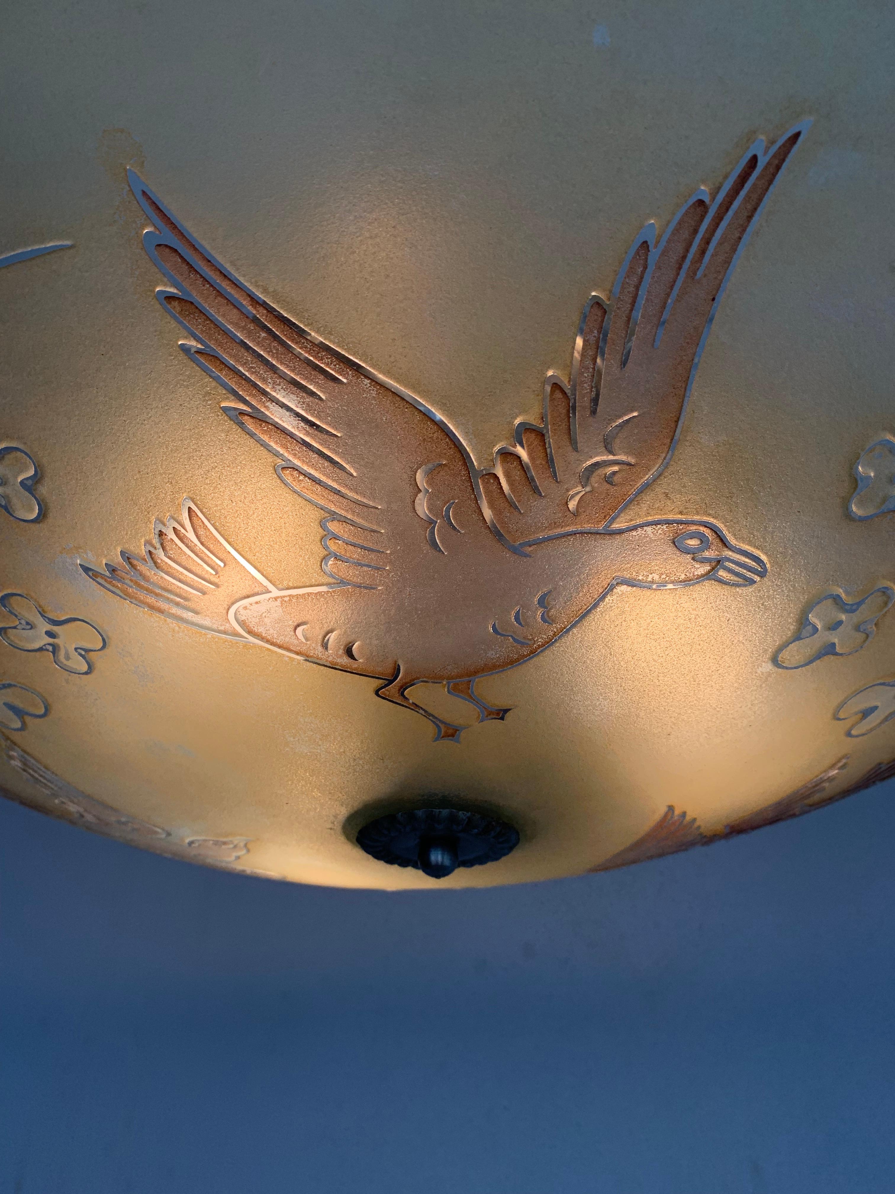 20th Century Extra Large Mid Century Glass Flush Mount / Pendant with Flying Birds in Relief